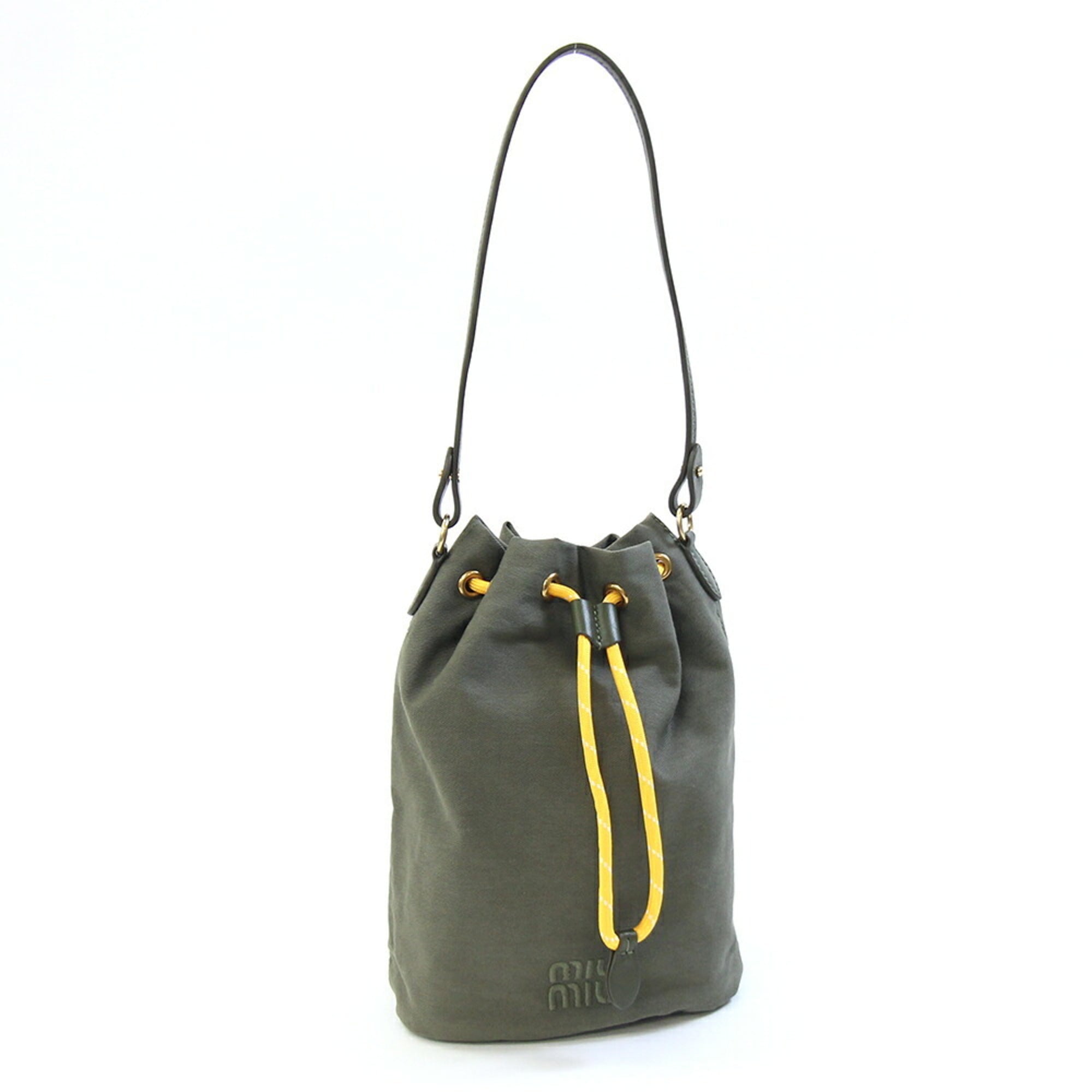 Miu Miu Green Khaki Yellow Canvas Leather Handbag (Pre-Owned)