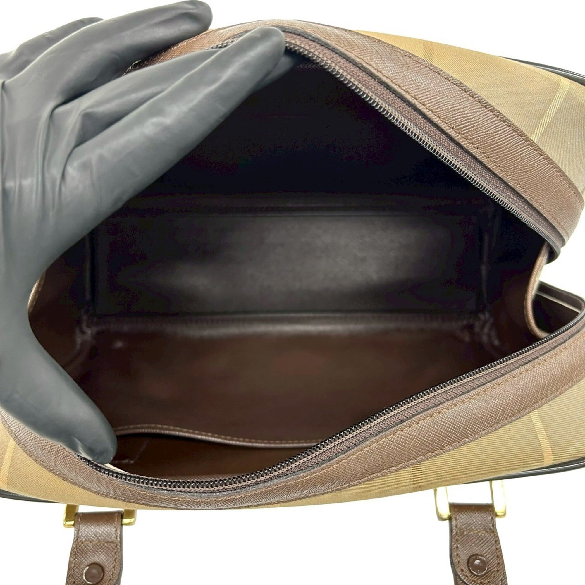 Burberry Brown Khaki Canvas Leather Boston Bag Handbag (Pre-Owned)