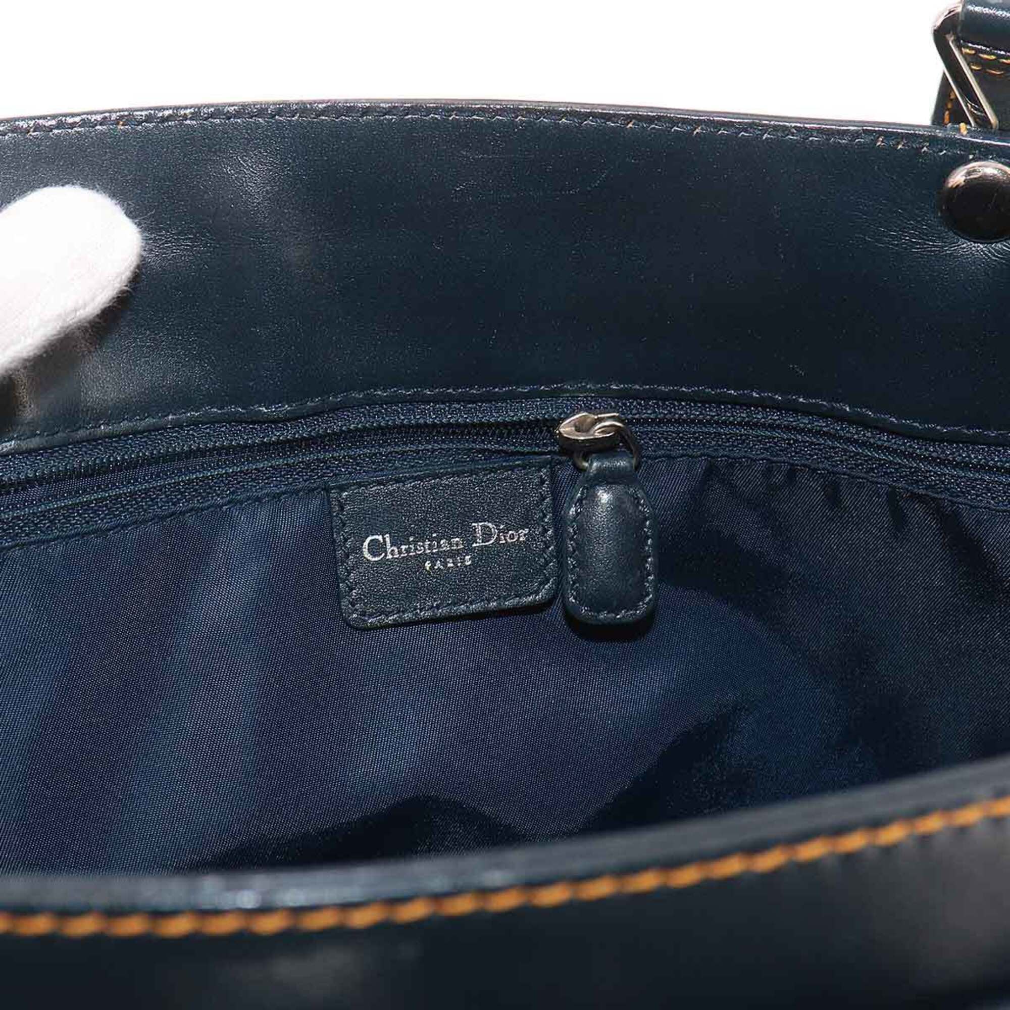 Christian Dior Navy Leather Canvas Handbag Tote Bag (Pre-Owned)
