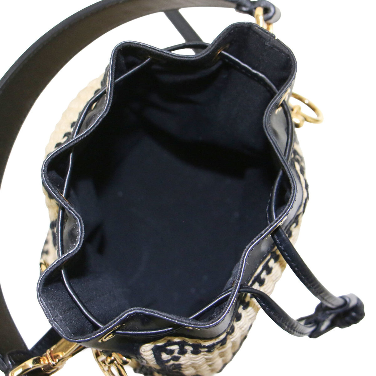Fendi Beige Black Straw Leather Handbag Shoulder Bag (Pre-Owned)