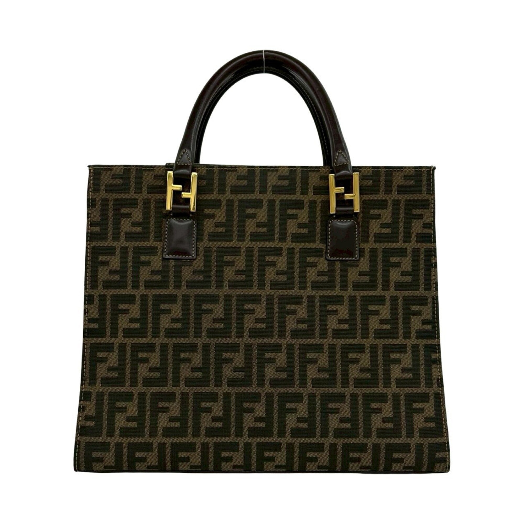 Fendi Black Brown Khaki Canvas Leather Handbag Tote Bag (Pre-Owned)