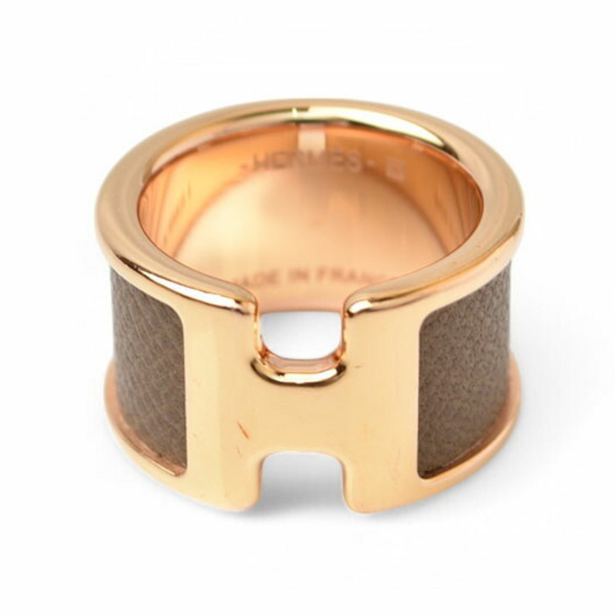 Hermes Etoupe Gray Gold Leather Metal Band Ring (Pre-Owned)