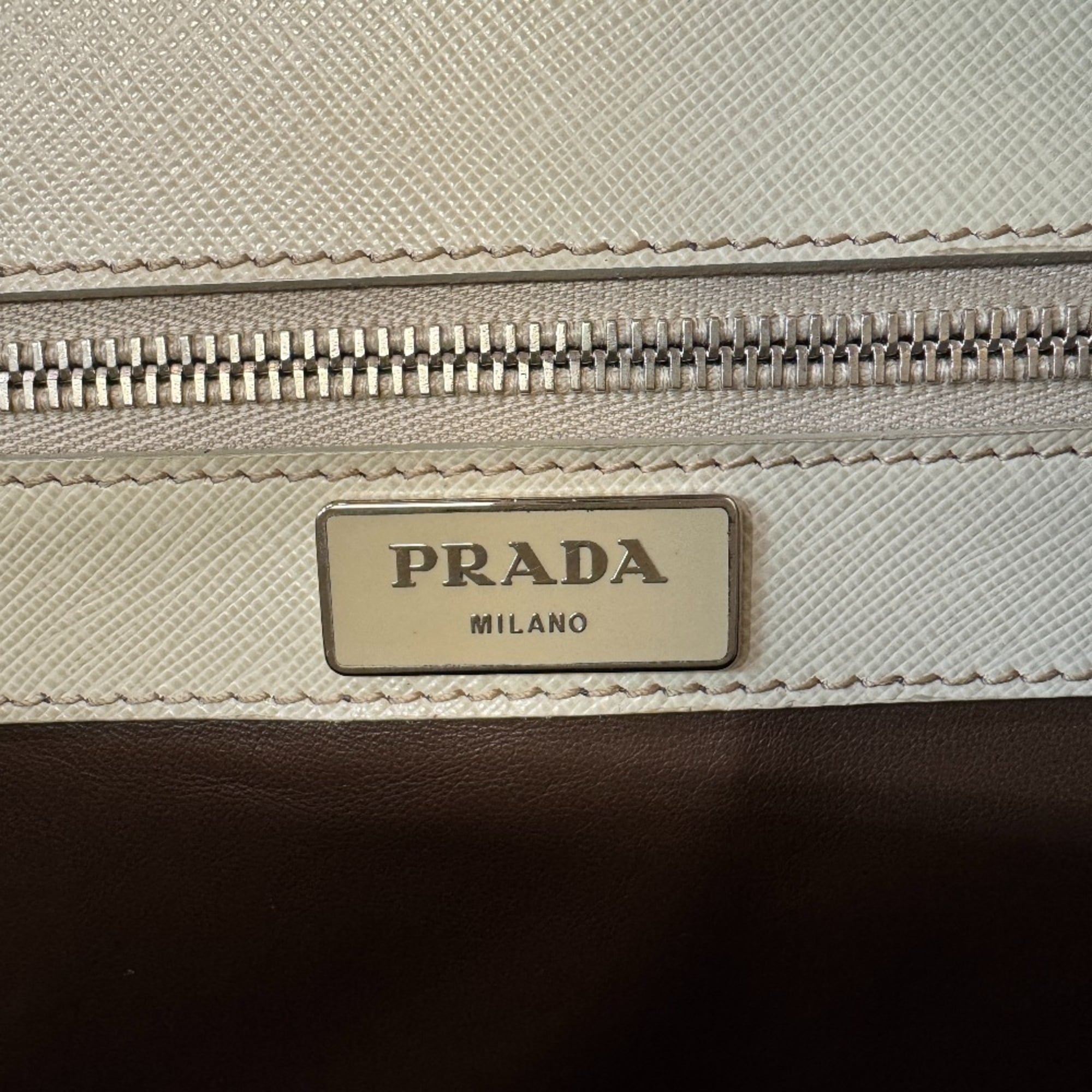 Prada Light Beige White Leather Briefcase (Pre-Owned)