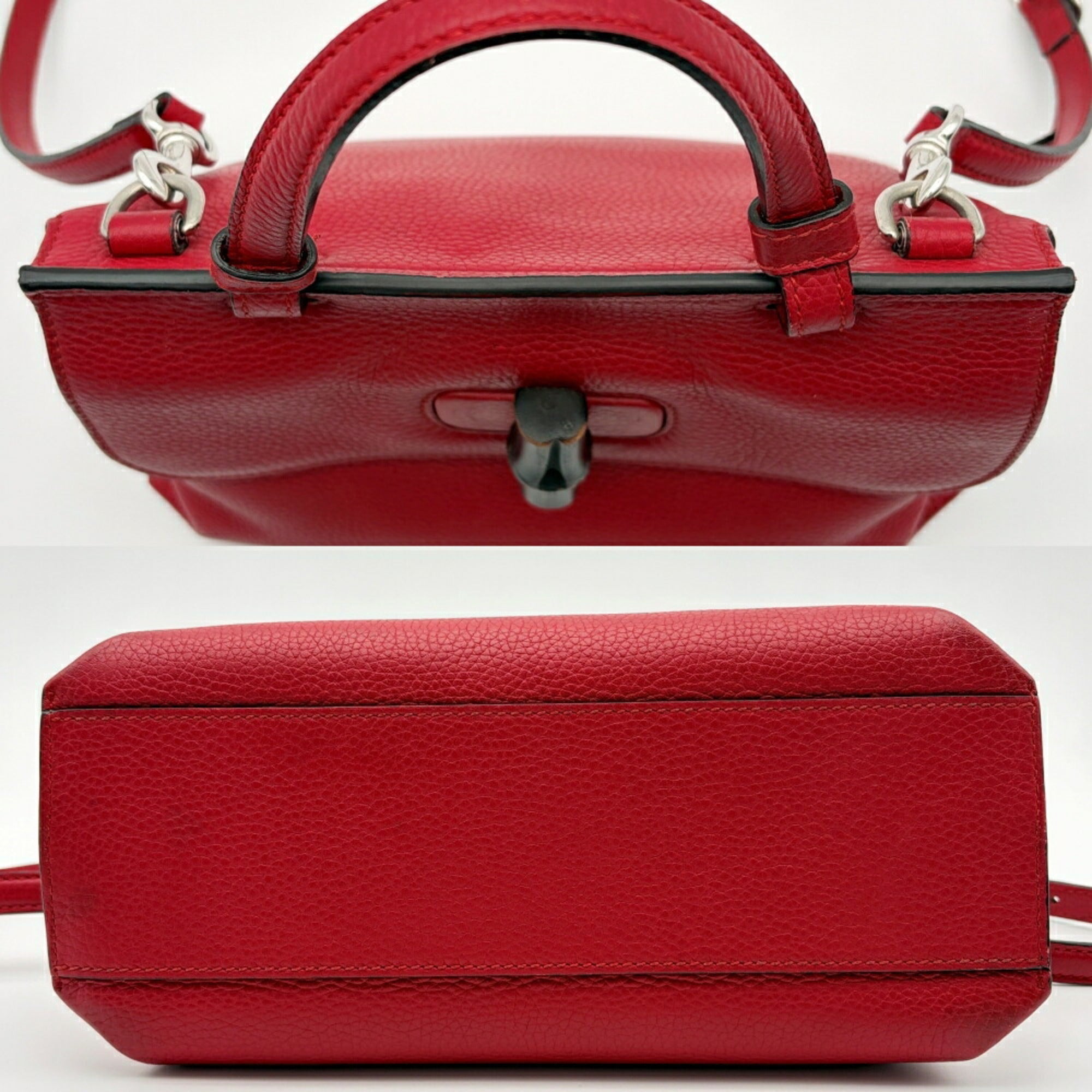 Gucci Bamboo Red Color Leather Handbag Shoulder Bag (Pre-Owned)