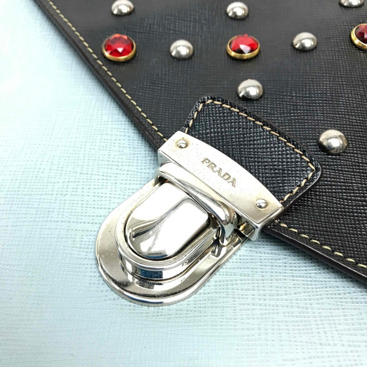 Prada Saffiano Black Light Blue Leather Clutch Bag (Pre-Owned)