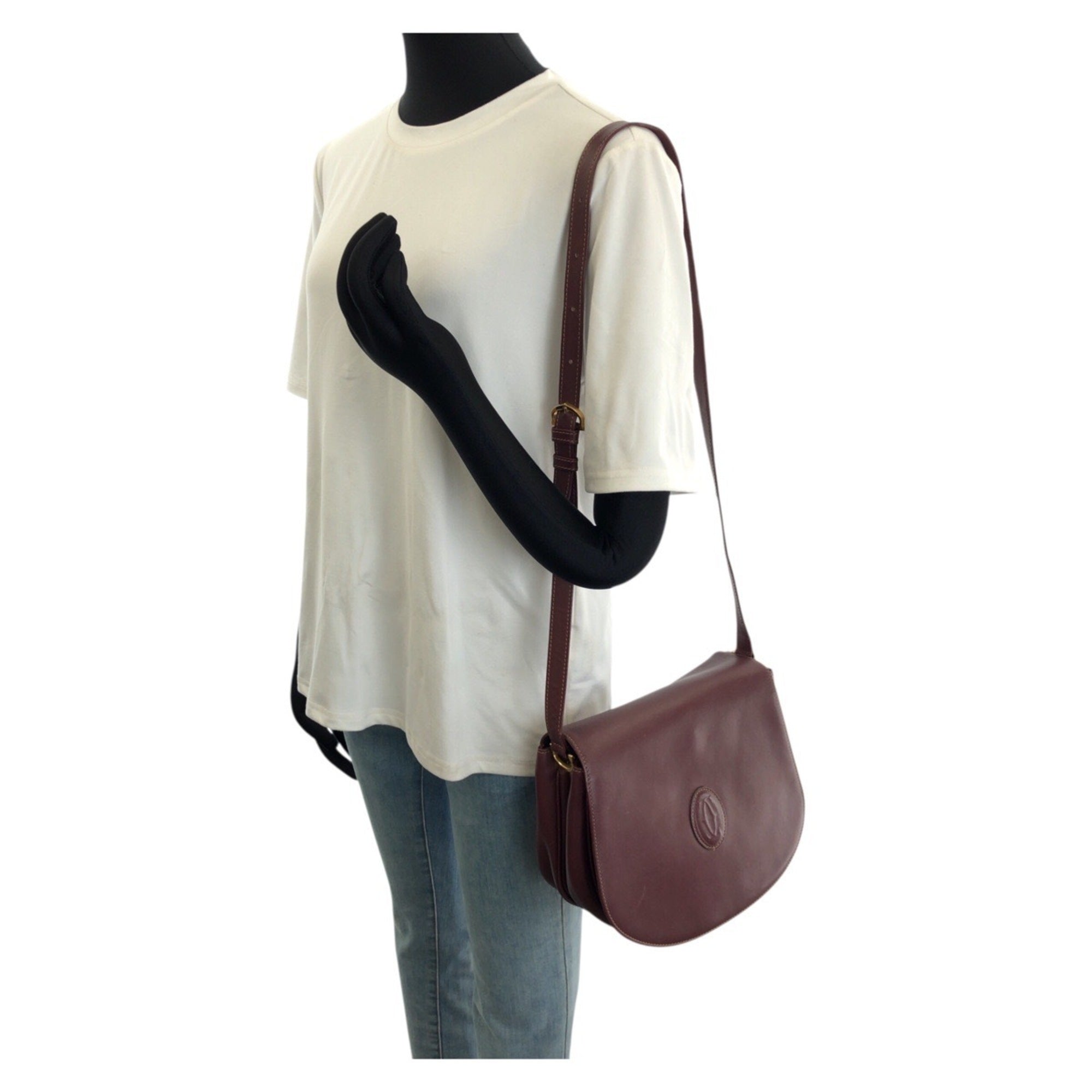 Cartier Bordeaux Wine Red Leather Messenger Bag Shoulder Bag (Pre-Owned)
