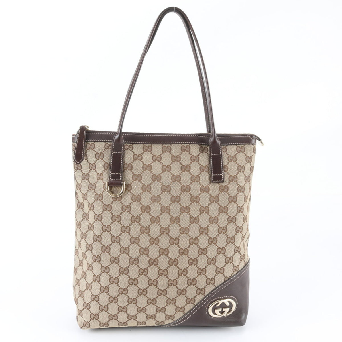 Gucci Brown Leather Canvas Handbag Shoulder Bag Tote Bag (Pre-Owned)