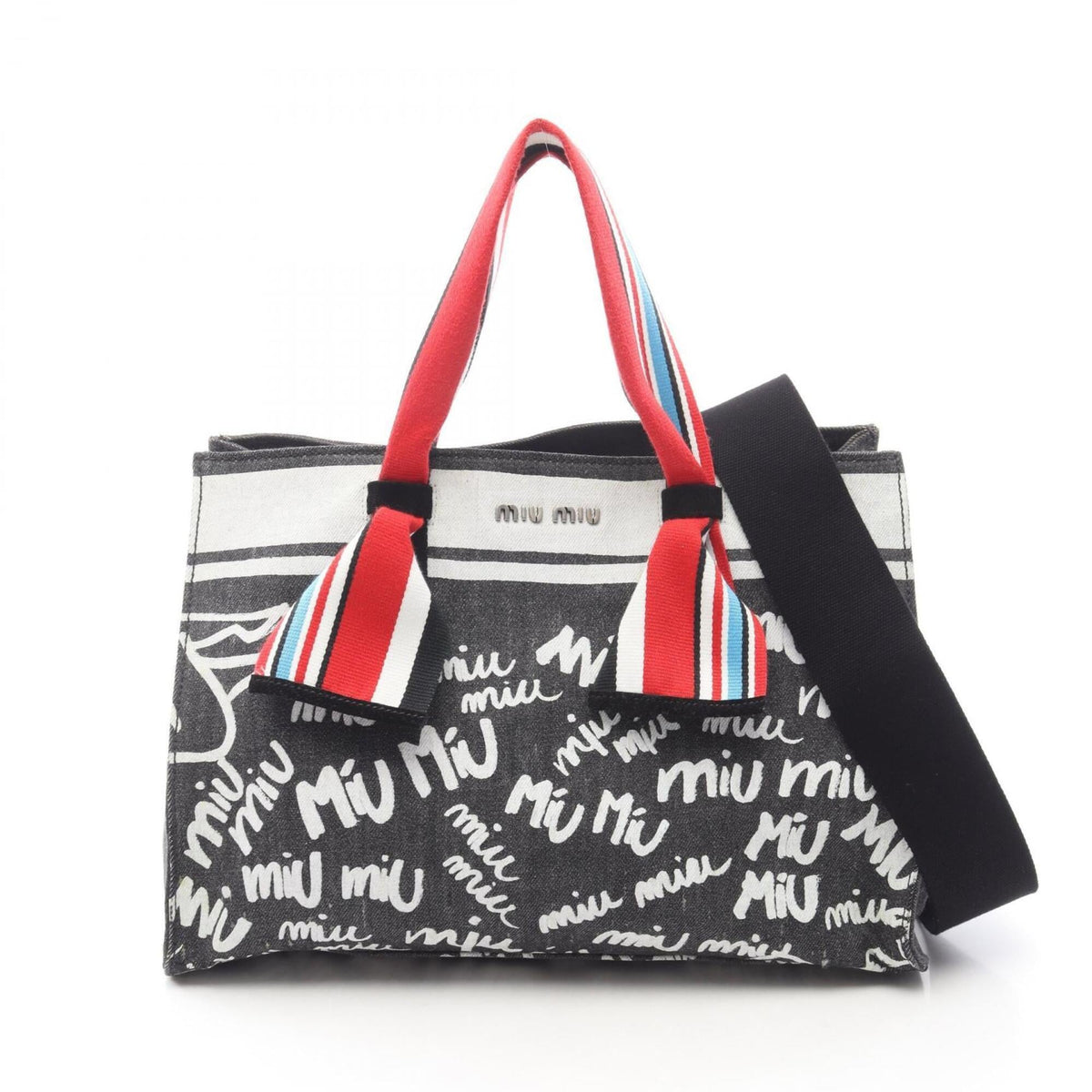 Miu Miu Gray White Canvas Handbag Tote Bag (Pre-Owned)