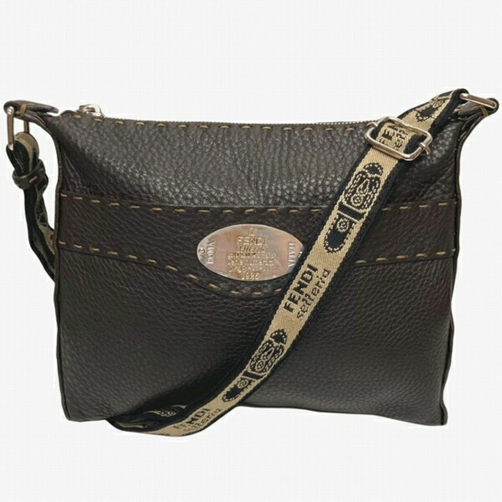 Fendi Dark Brown Leather Canvas Shoulder Bag (Pre-Owned)