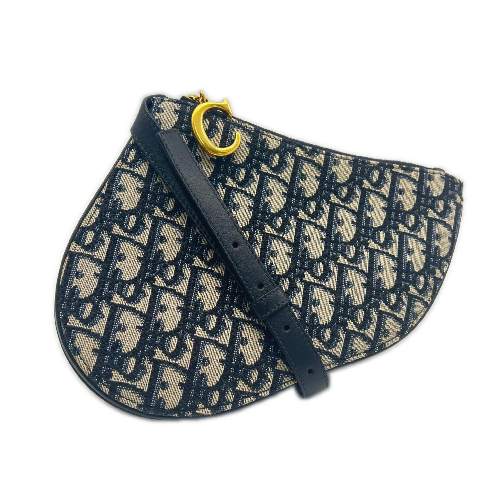 Christian Dior Beige Navy Leather Canvas Pouch Shoulder Bag (Pre-Owned)
