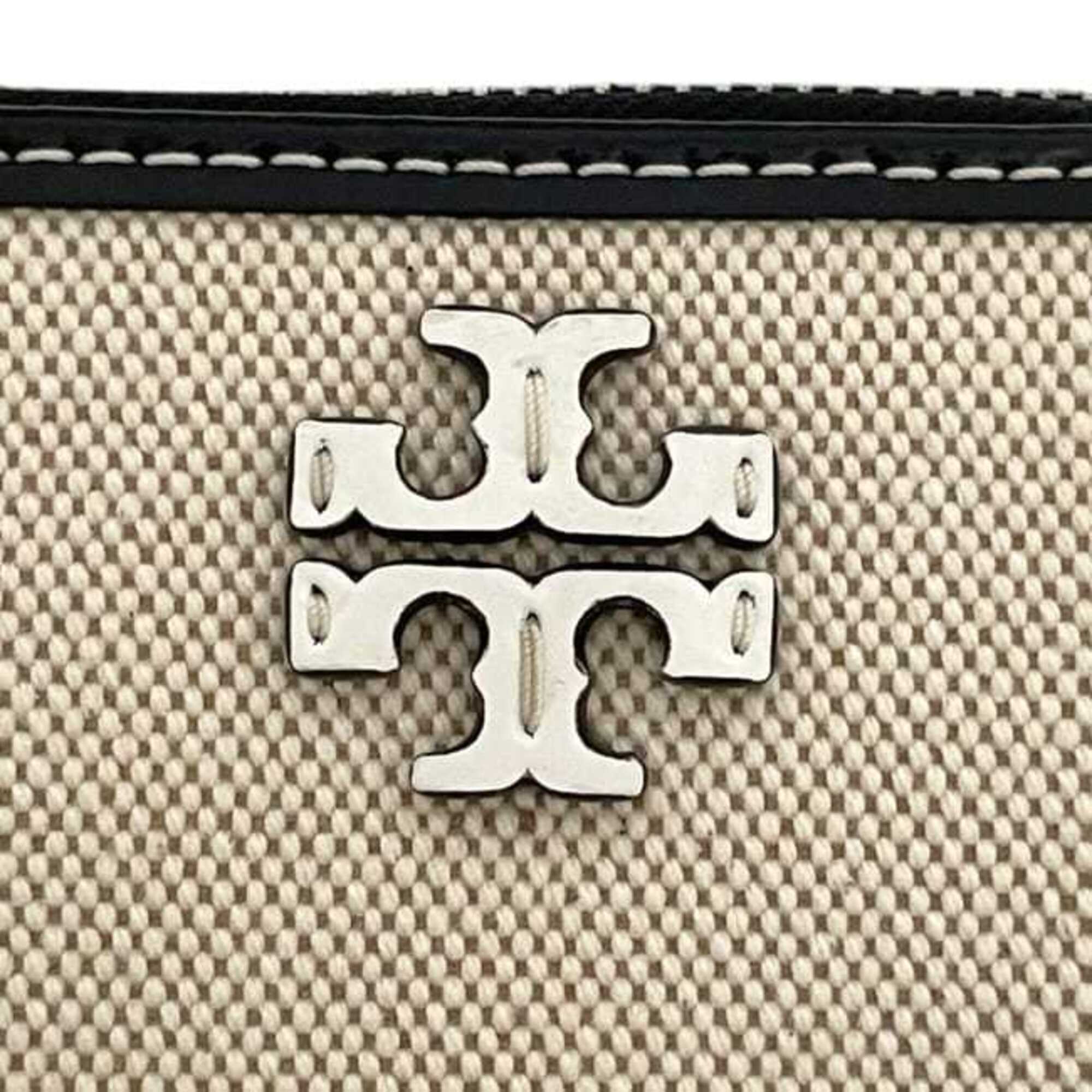 Tory Burch Black White Canvas Leather Long Wallet (Bi-Fold) (Pre-Owned)