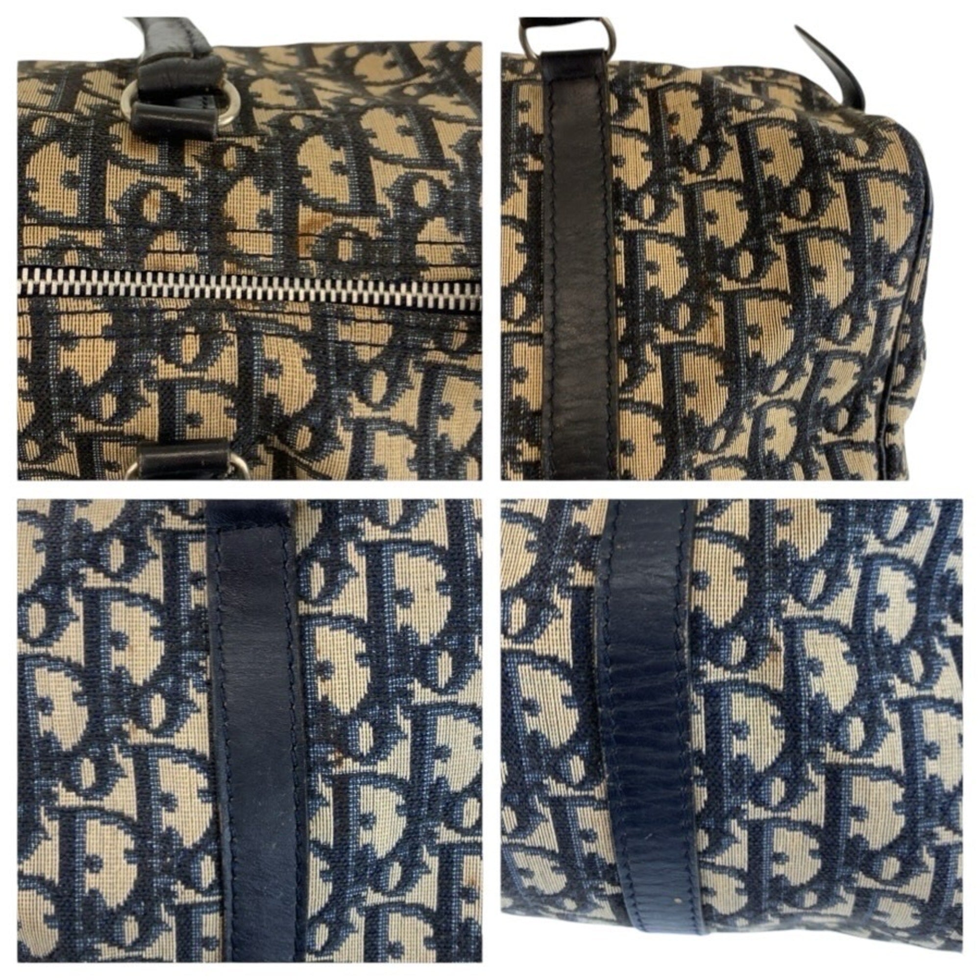 Christian Dior Navy Canvas Leather Boston Bag Handbag (Pre-Owned)