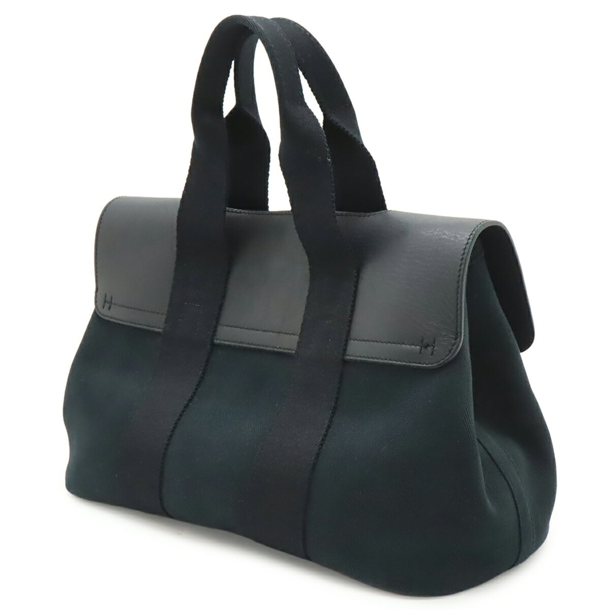 Hermes Valparaiso Black Toile Chevron Leather Handbag Tote Bag (Pre-Owned)