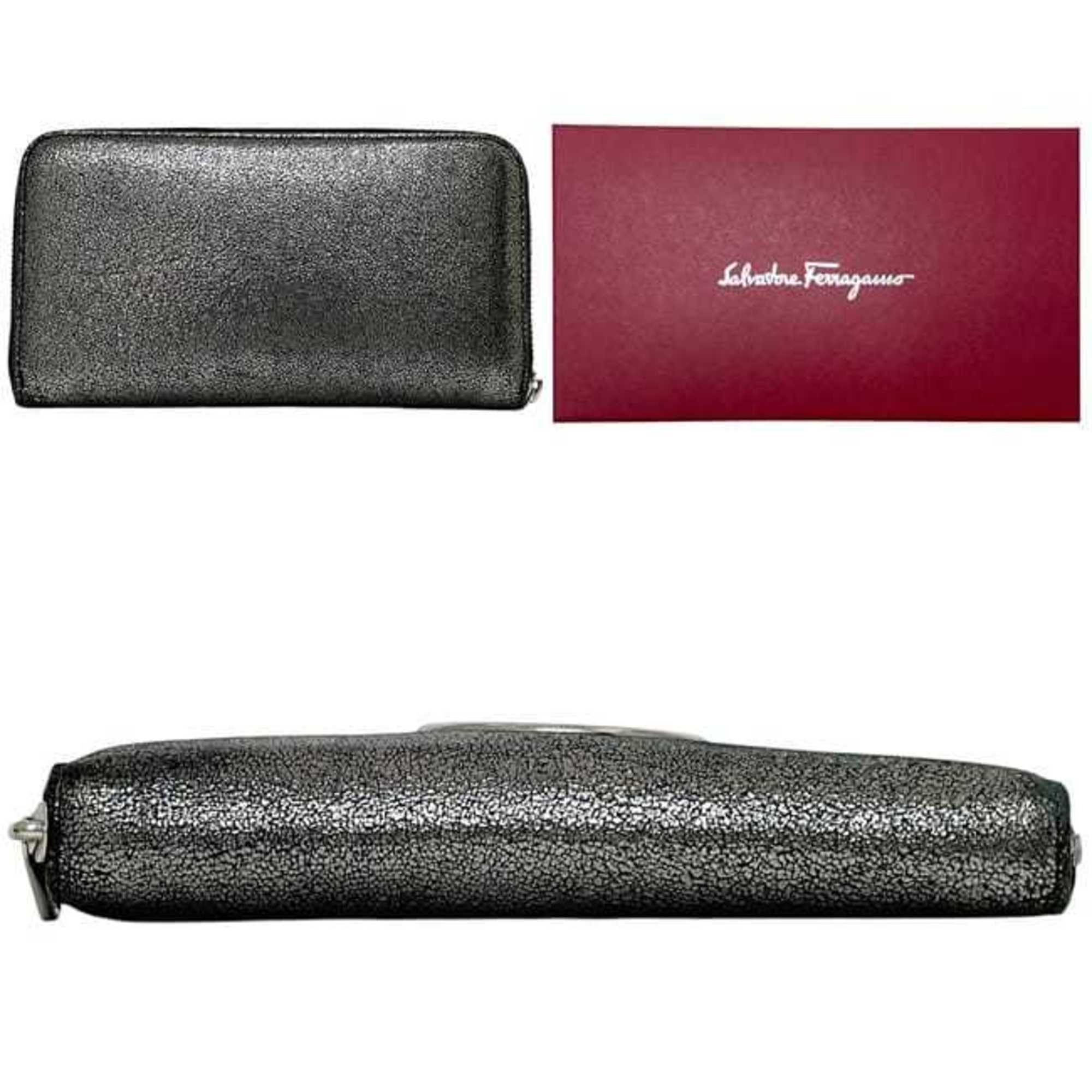 Salvatore Ferragamo Silver Metallic Leather Long Wallet (Bi-Fold) (Pre-Owned)