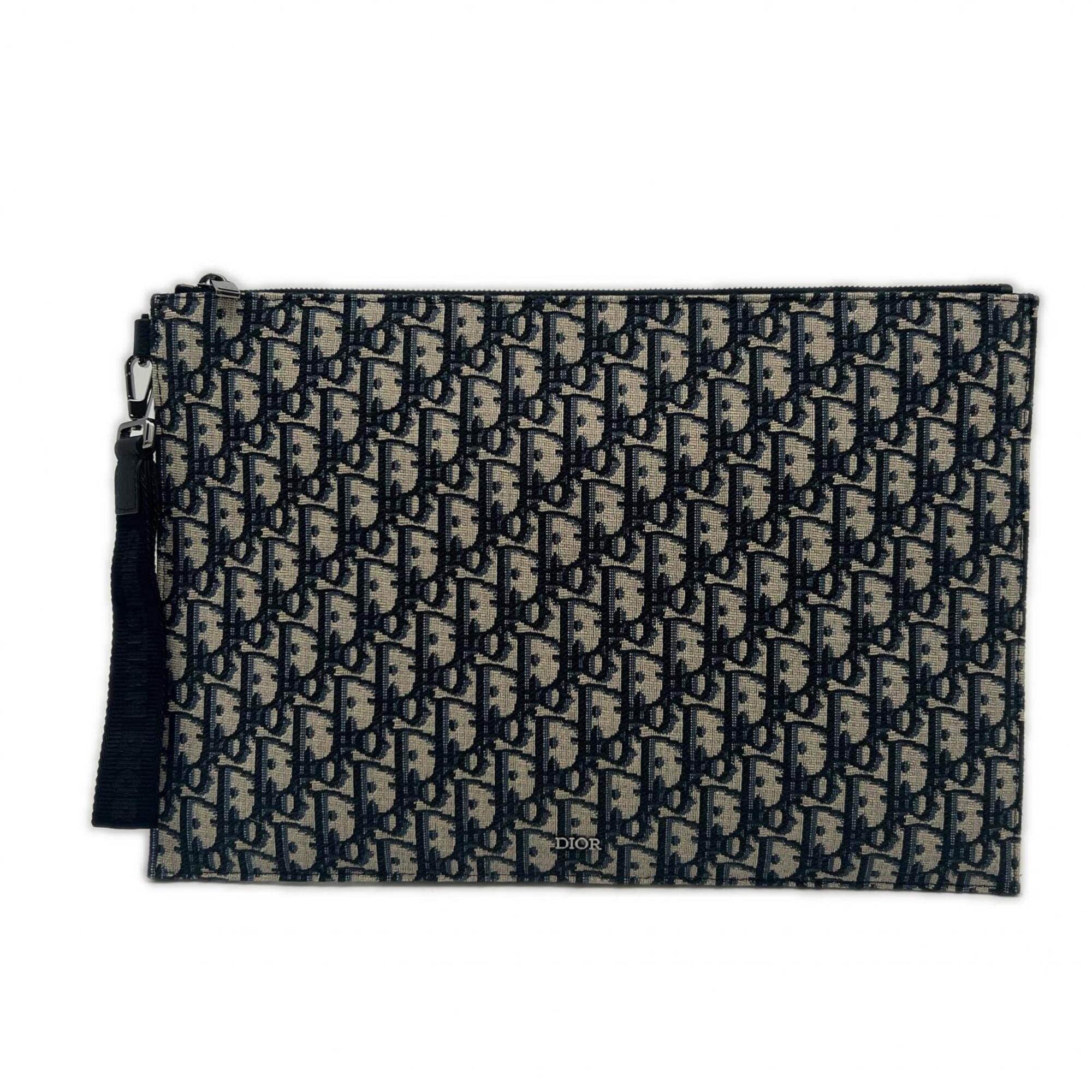 Christian Dior Beige Navy Cotton Leather Clutch Bag (Pre-Owned)