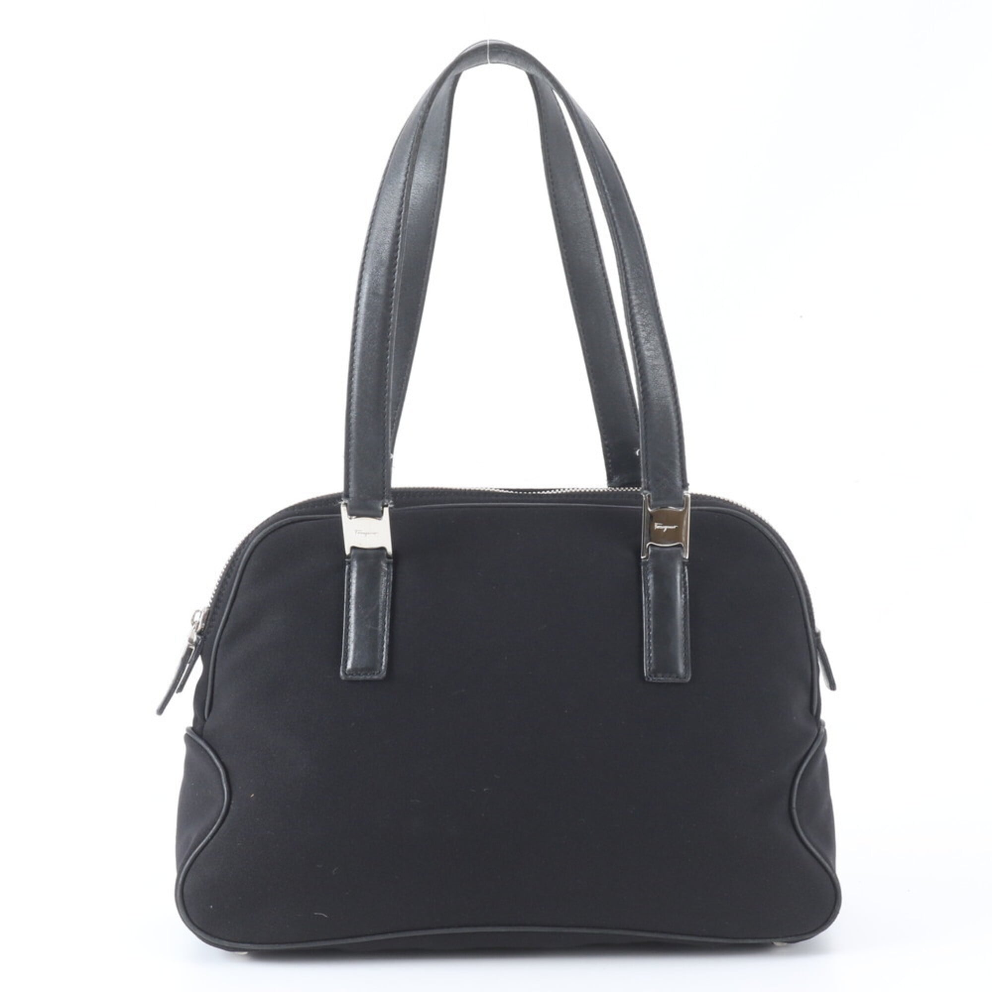 Salvatore Ferragamo Vara Black Leather Canvas Shoulder Bag Tote Bag (Pre-Owned)