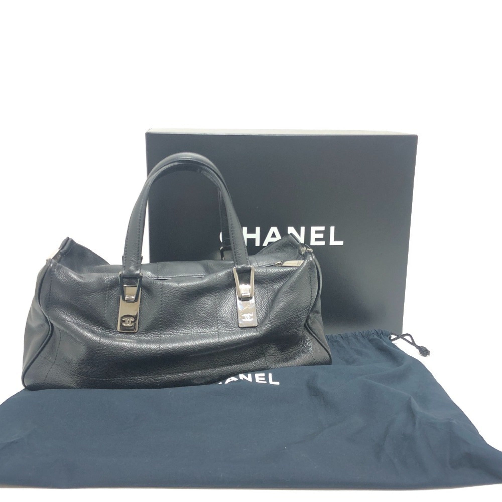 Chanel Black Grained Calfskin Boston Bag Handbag (Pre-Owned)