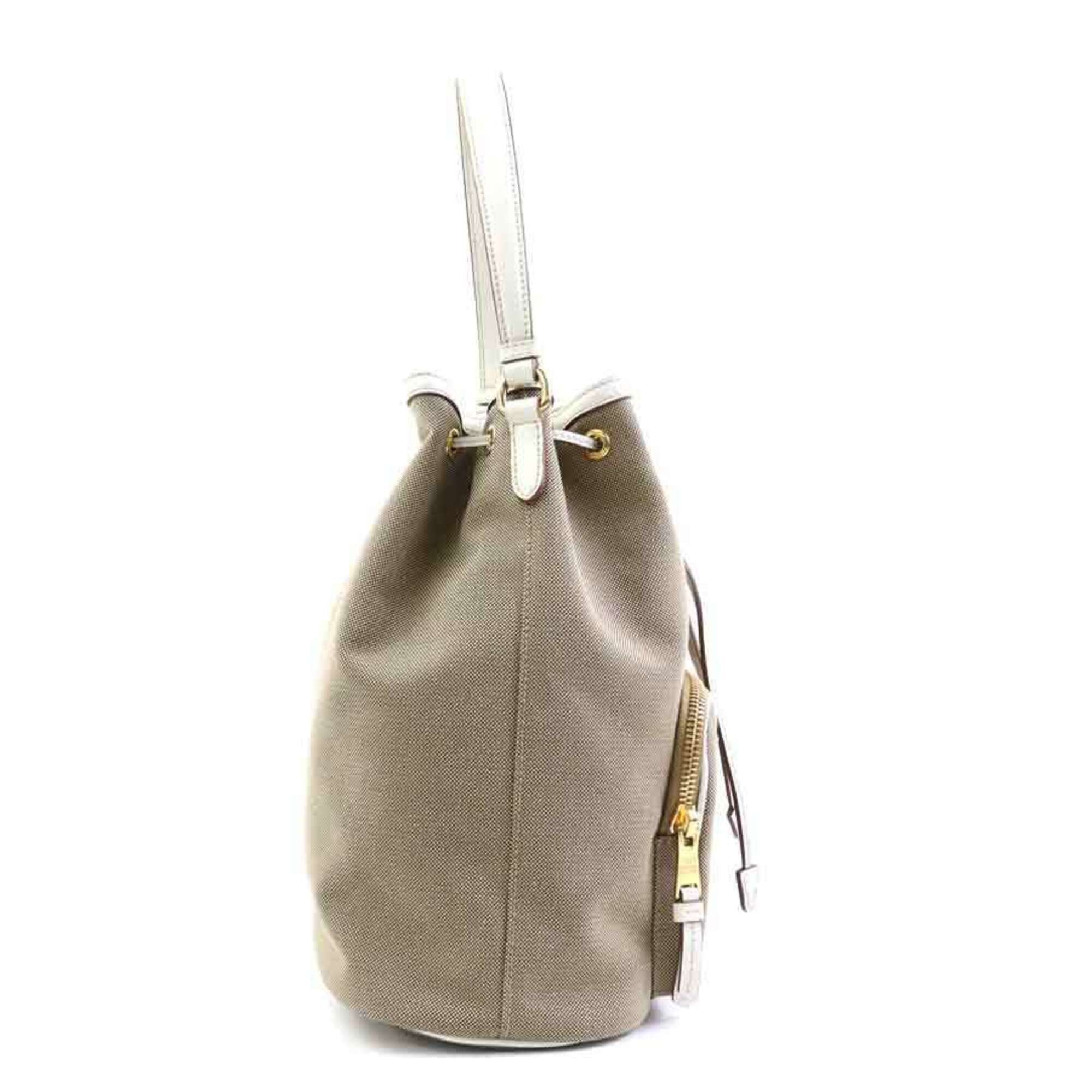Prada Brown White Canvas Leather Handbag Shoulder Bag (Pre-Owned)