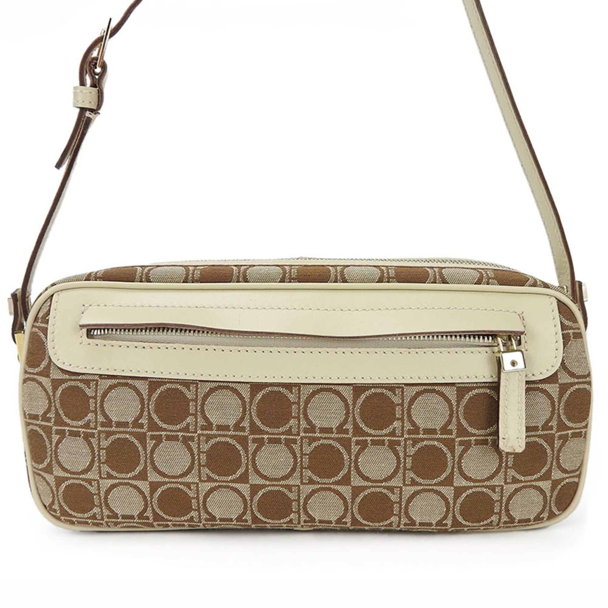 Salvatore Ferragamo Gancini Beige Brown Canvas Leather Shoulder Bag (Pre-Owned)