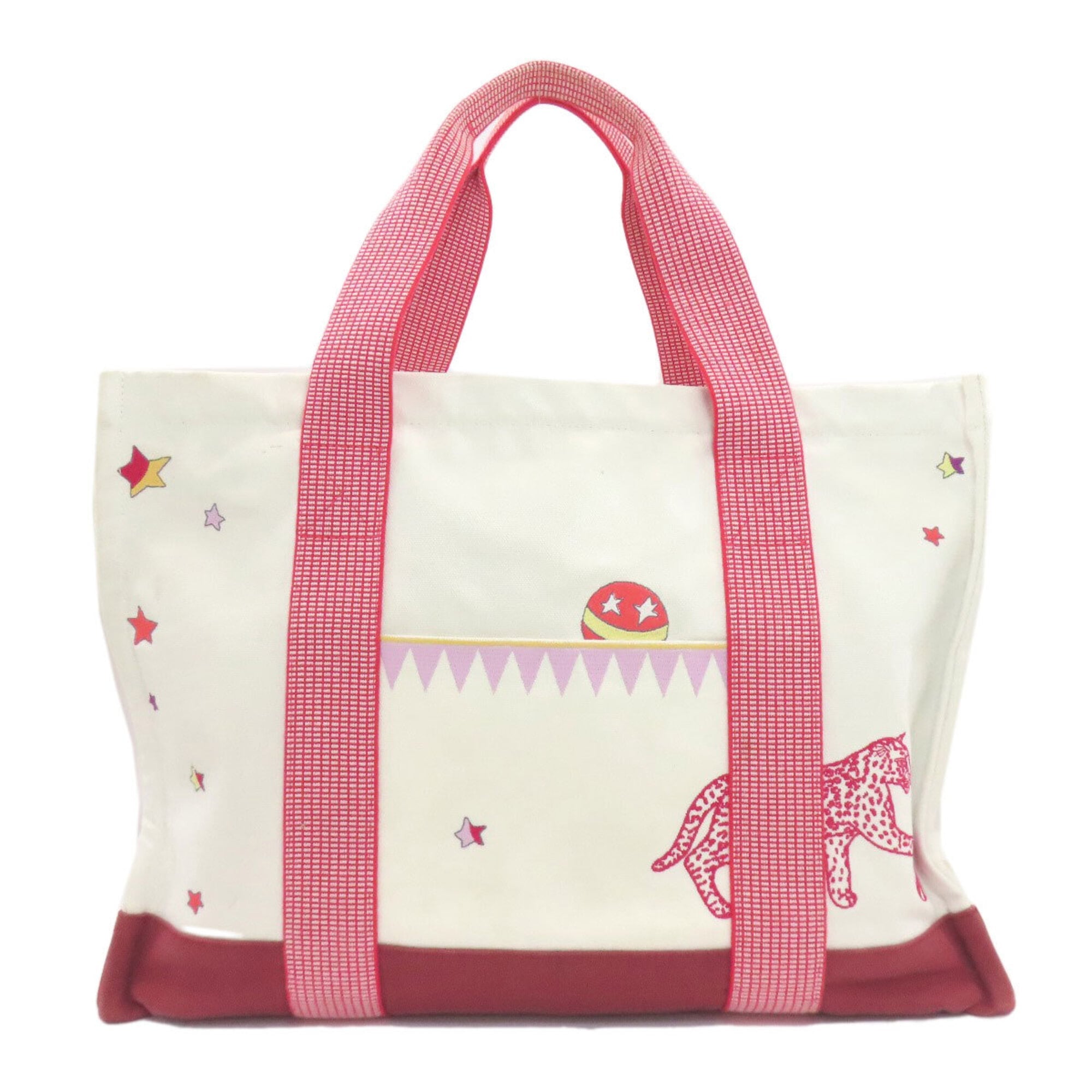 Hermes Red Color White Canvas Tote Bag (Pre-Owned)