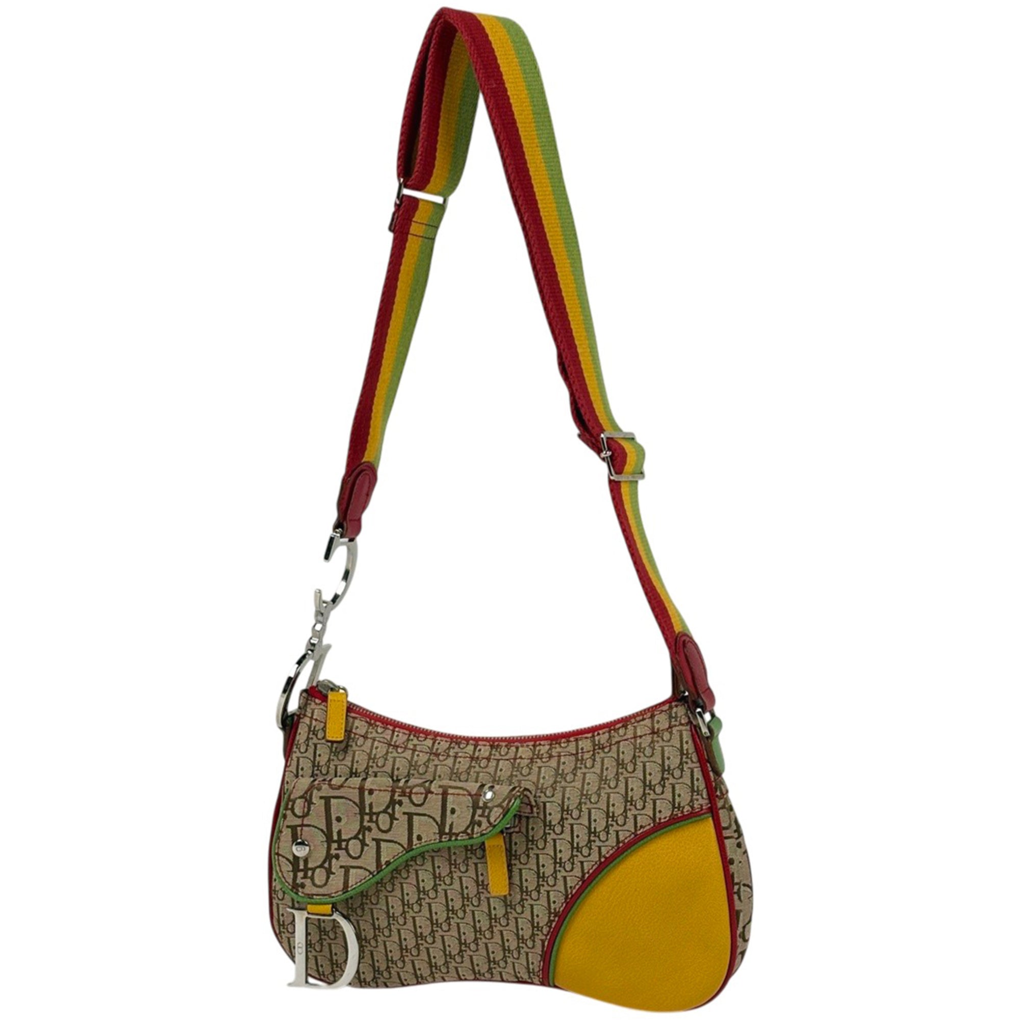 Christian Dior Rasta Brown Multi-Color Canvas Leather Saddle Bag Shoulder Bag (Pre-Owned)