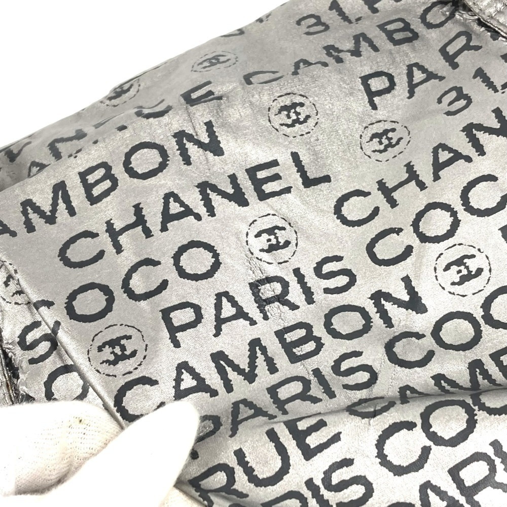 Chanel Black Silver Nylon Canvas Boston Bag Handbag Shoulder Bag Tote Bag (Pre-Owned)