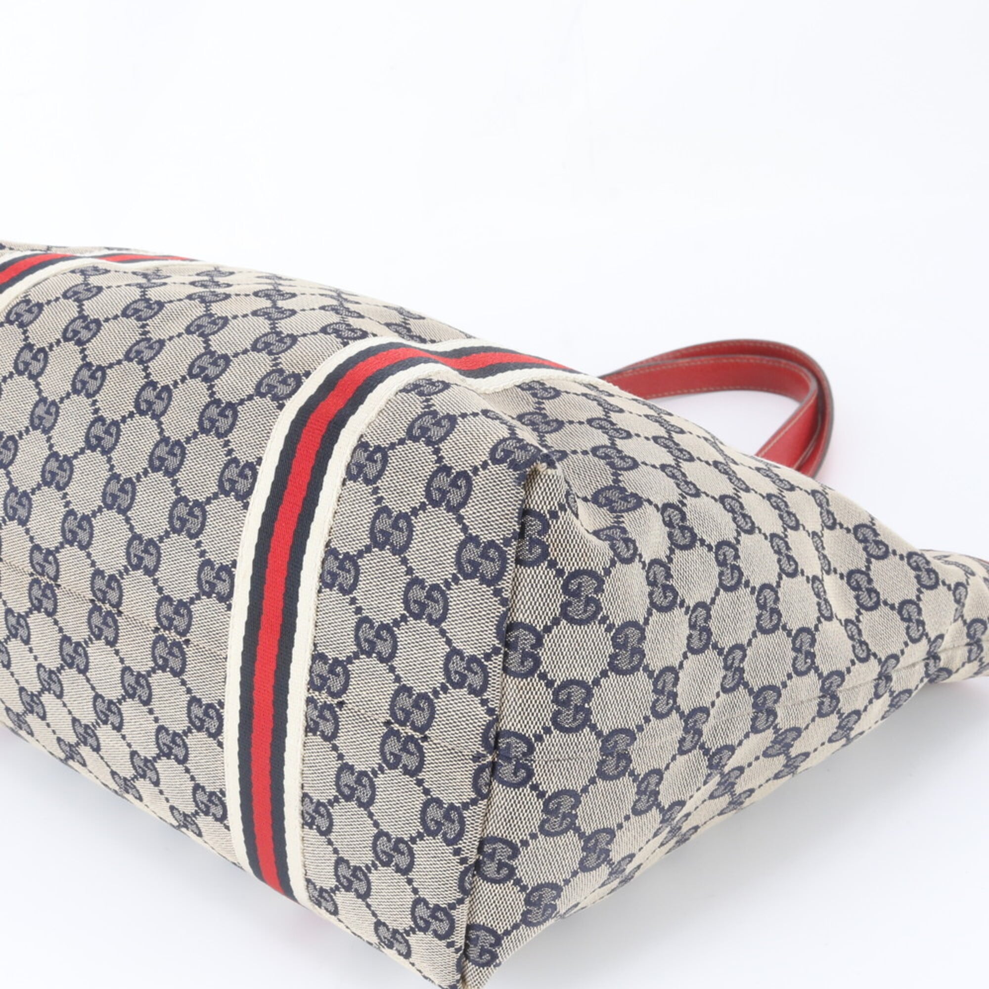 Gucci Beige Navy Red Color Leather Canvas Handbag Shoulder Bag Tote Bag (Pre-Owned)