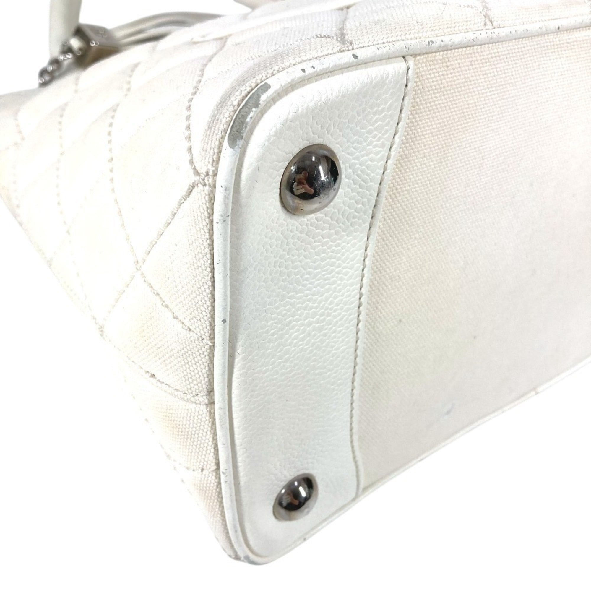 Chanel White Leather Canvas Shoulder Bag Tote Bag (Pre-Owned)