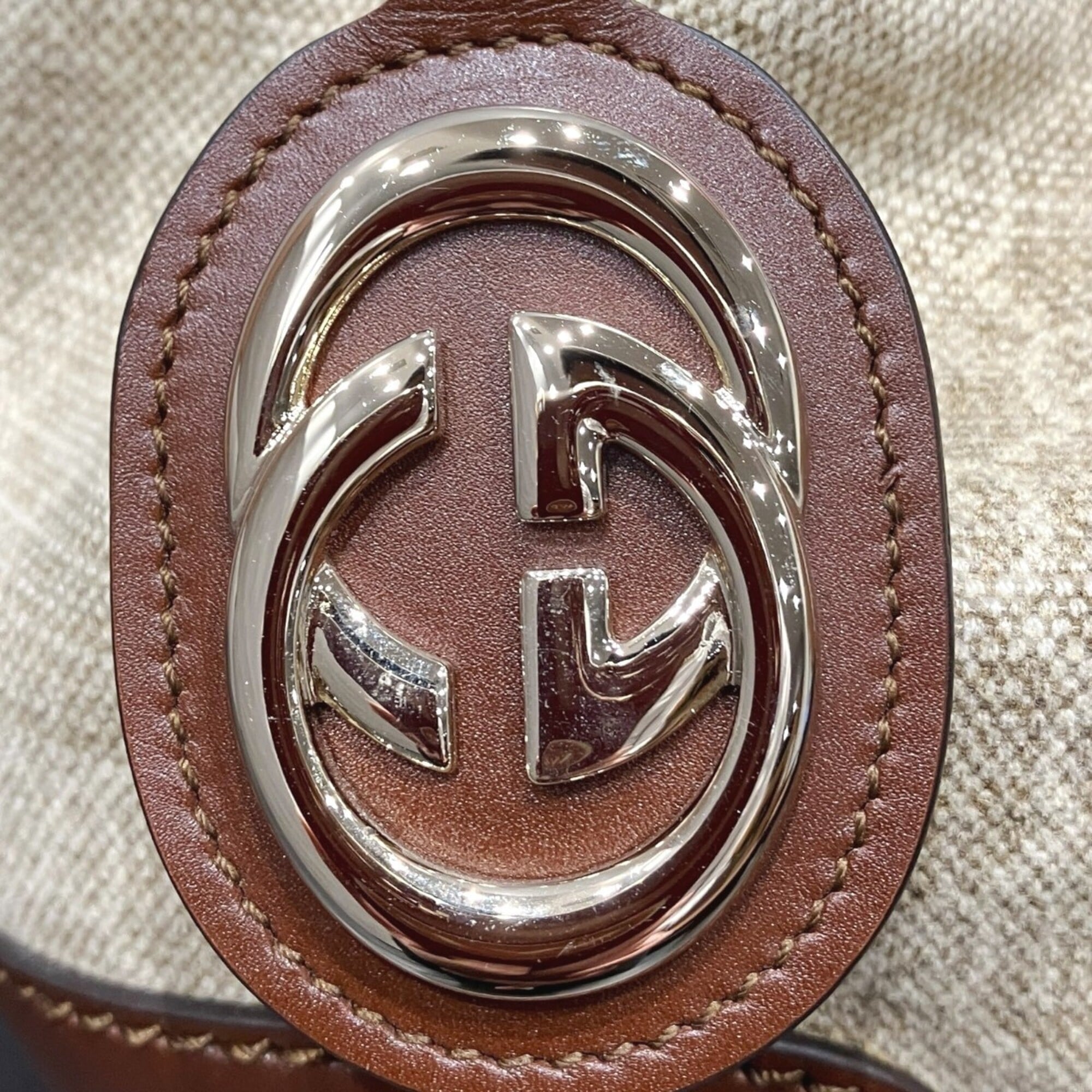 Gucci Beige Brown Gold Canvas Leather Handbag (Pre-Owned)
