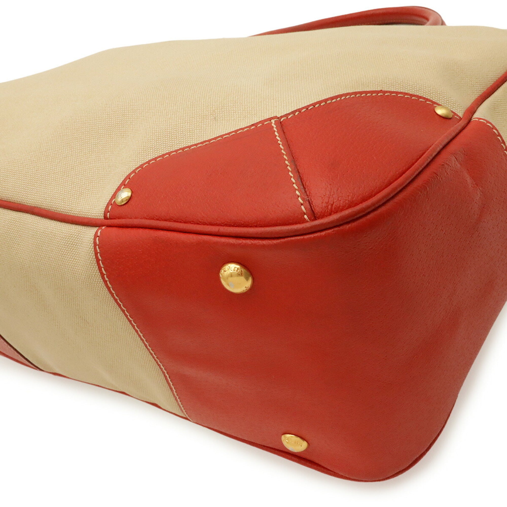 Prada Beige Red Color Canvas Leather Shoulder Bag Tote Bag (Pre-Owned)