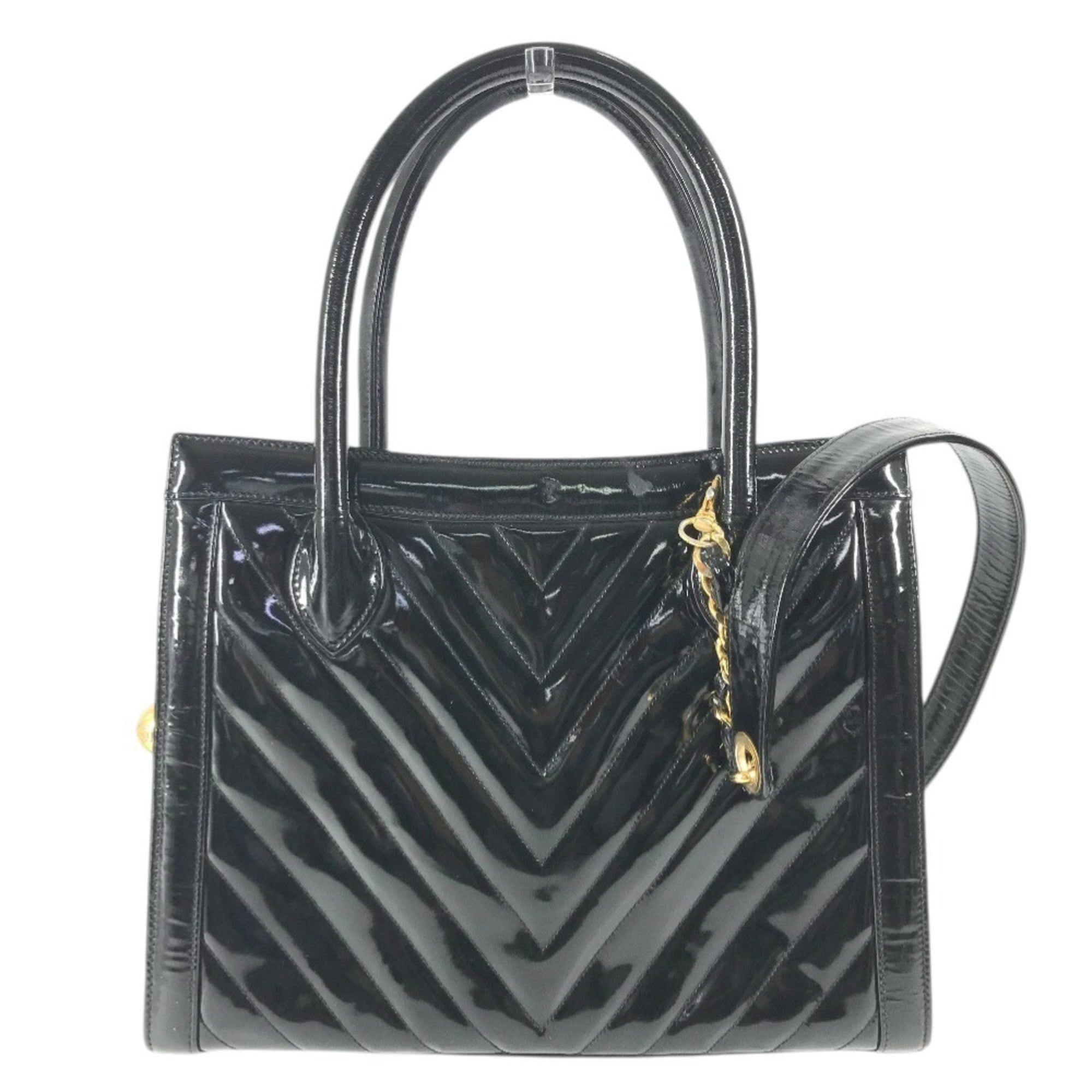 Chanel Black Gold Patent Leather Handbag Shoulder Bag Tote Bag (Pre-Owned)