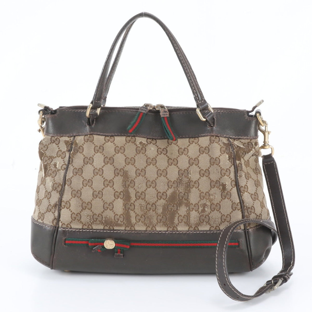 Gucci Beige Brown Leather Canvas Handbag Shoulder Bag Tote Bag (Pre-Owned)