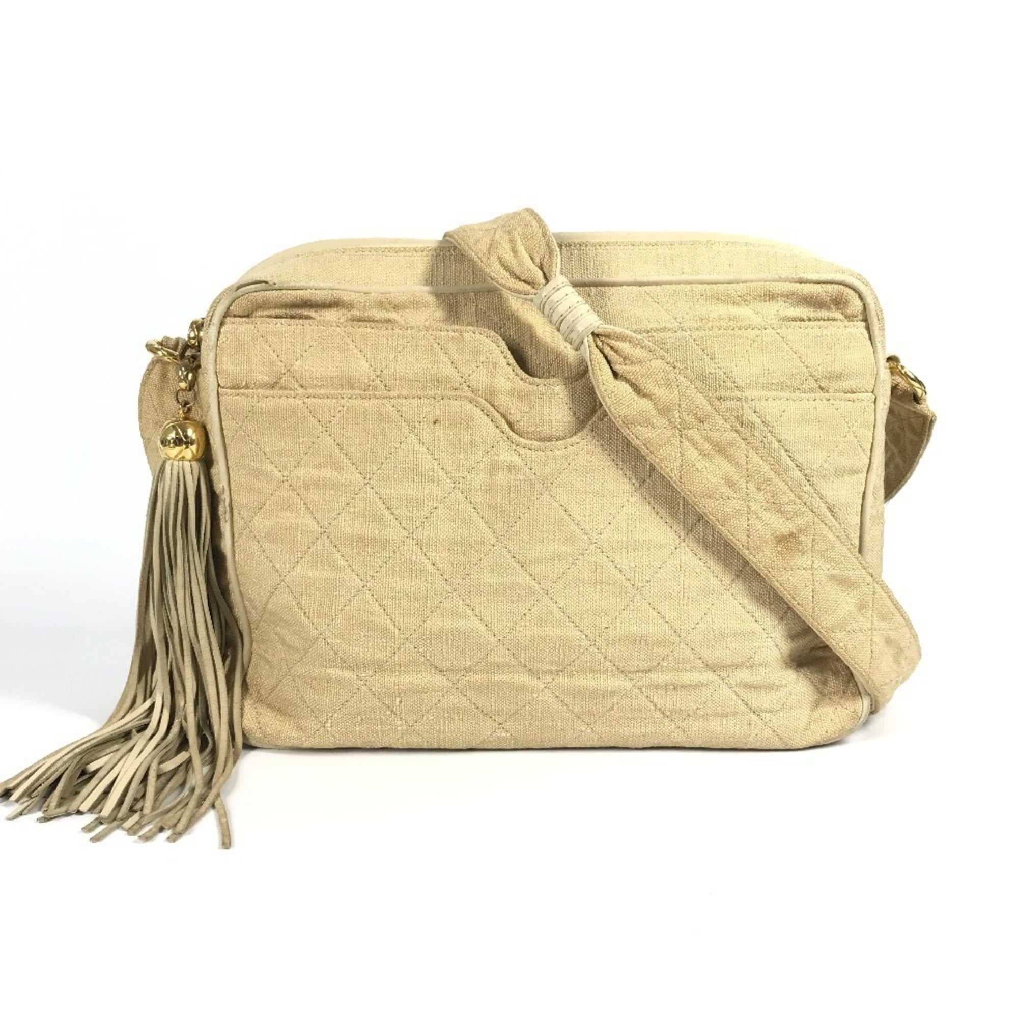 Chanel Matelasse Beige Canvas Shoulder Bag (Pre-Owned)