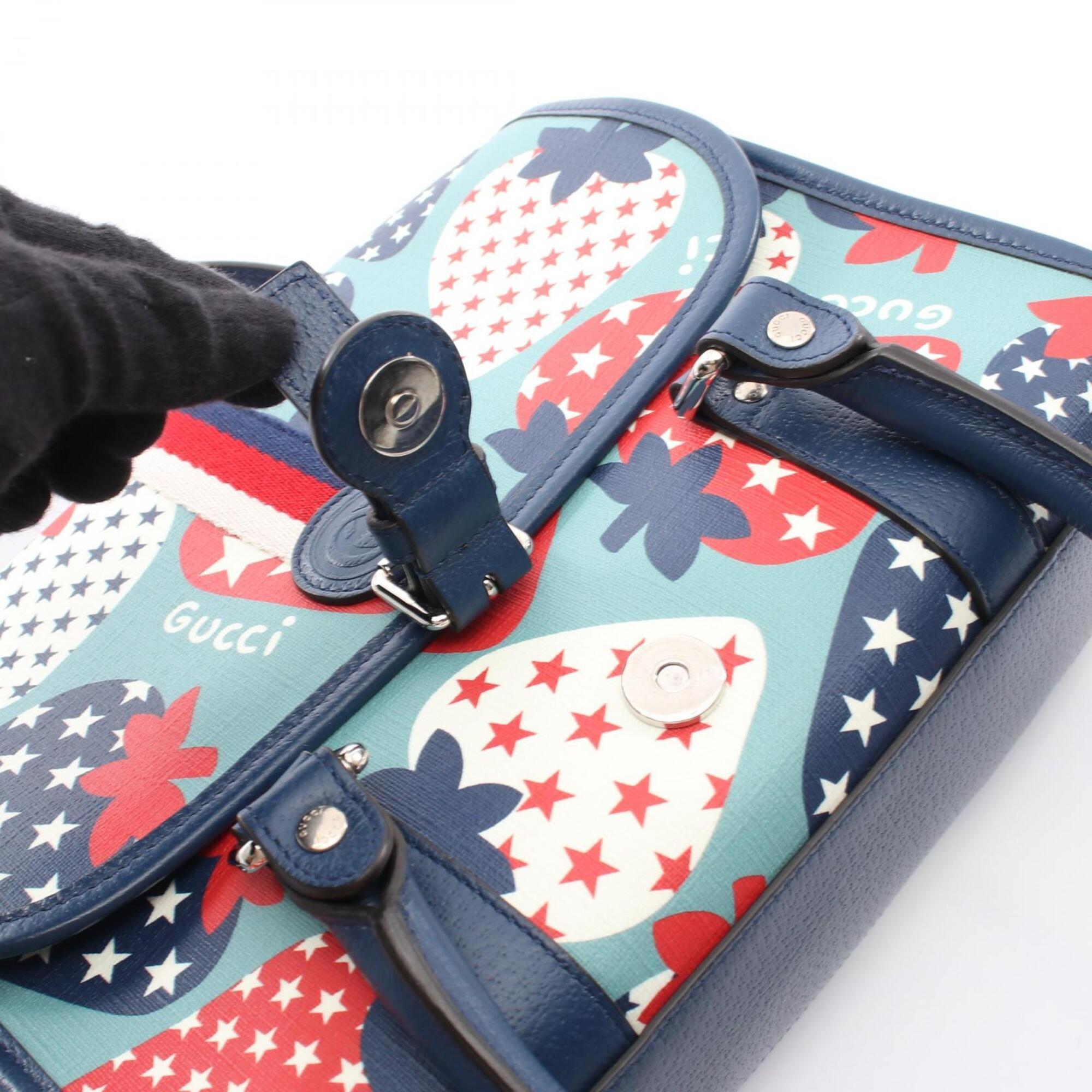 Gucci Blue Navy Red Color Coated Canvas Leather Handbag (Pre-Owned)