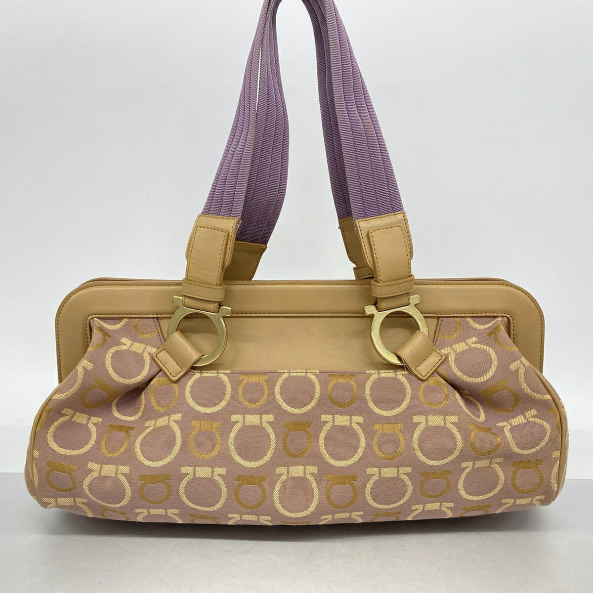 Salvatore Ferragamo Beige Purple Canvas Handbag (Pre-Owned)