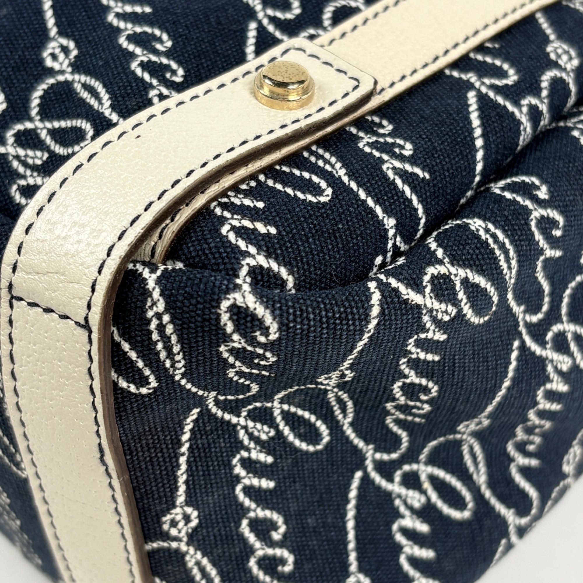 Gucci Abbey Navy White Canvas Leather Tote Bag (Pre-Owned)