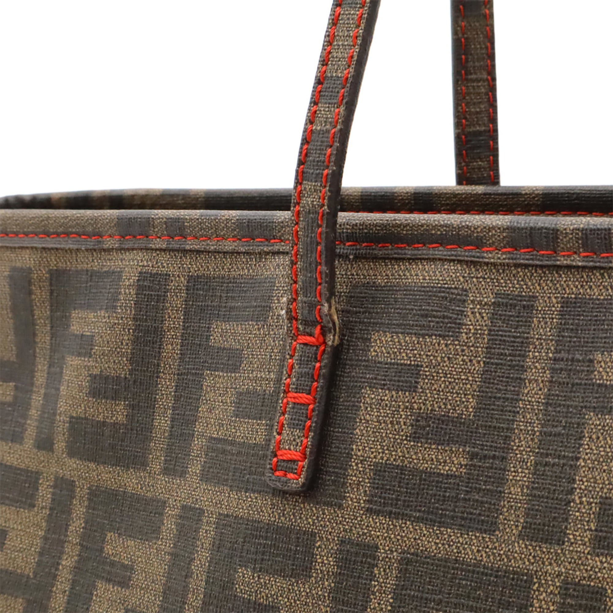 Fendi Dark Brown Khaki Brown Red Color Coated Canvas Leather Shoulder Bag Tote Bag (Pre-Owned)