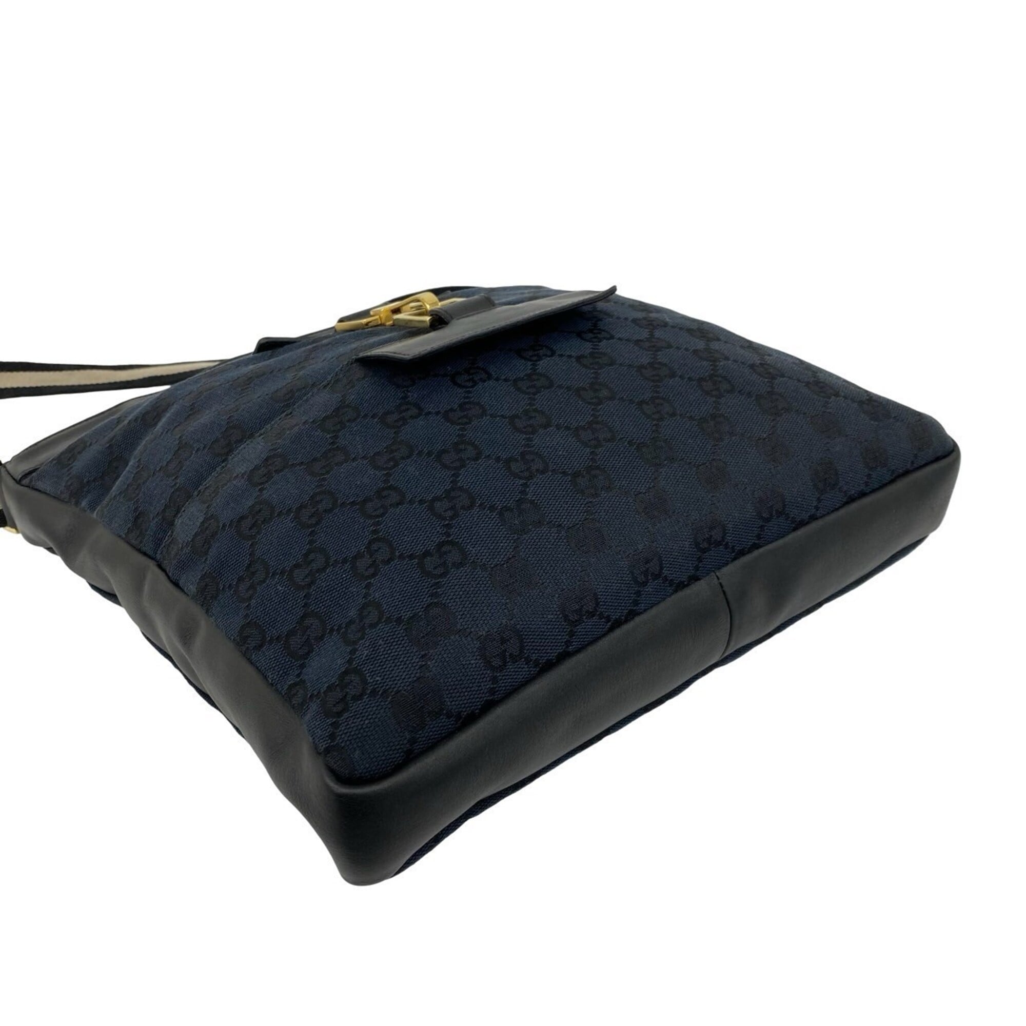 Gucci Black Navy Canvas Leather Shoulder Bag Tote Bag (Pre-Owned)