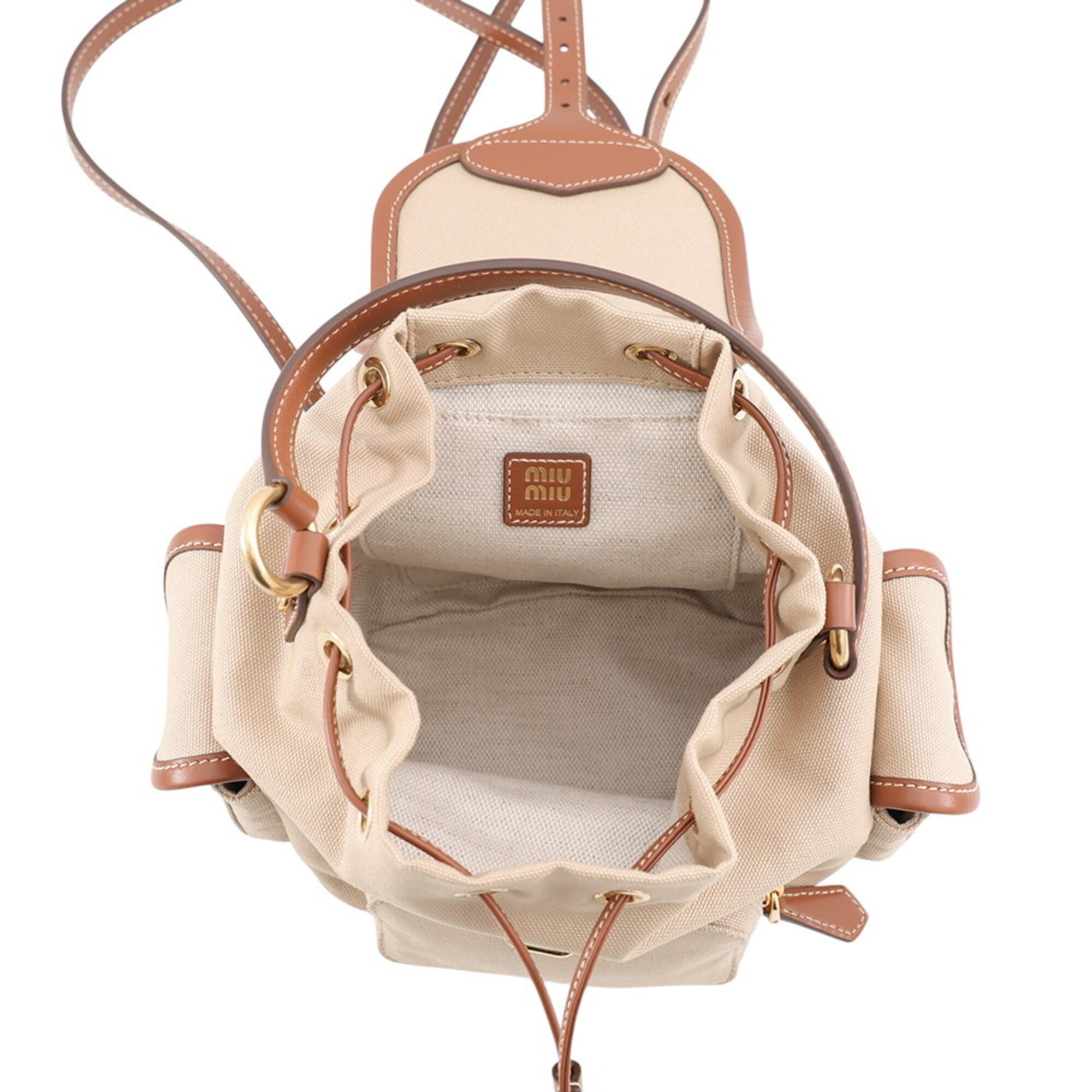 Miu Miu Beige Brown Leather Canvas Backpack Handbag (Pre-Owned)
