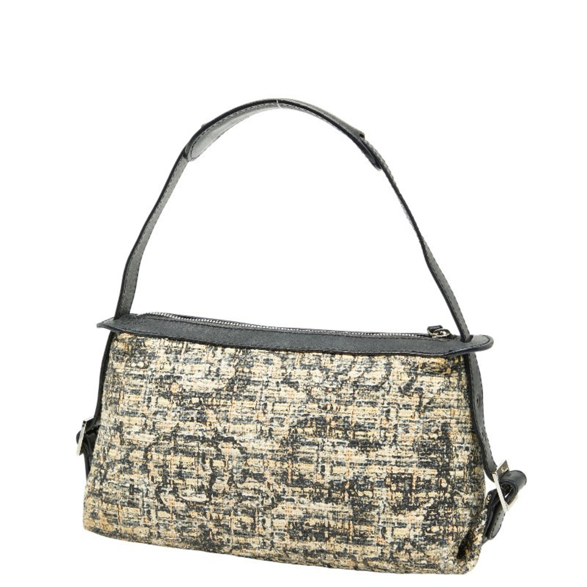 Chanel Beige Black Tweed Leather Handbag Shoulder Bag (Pre-Owned)