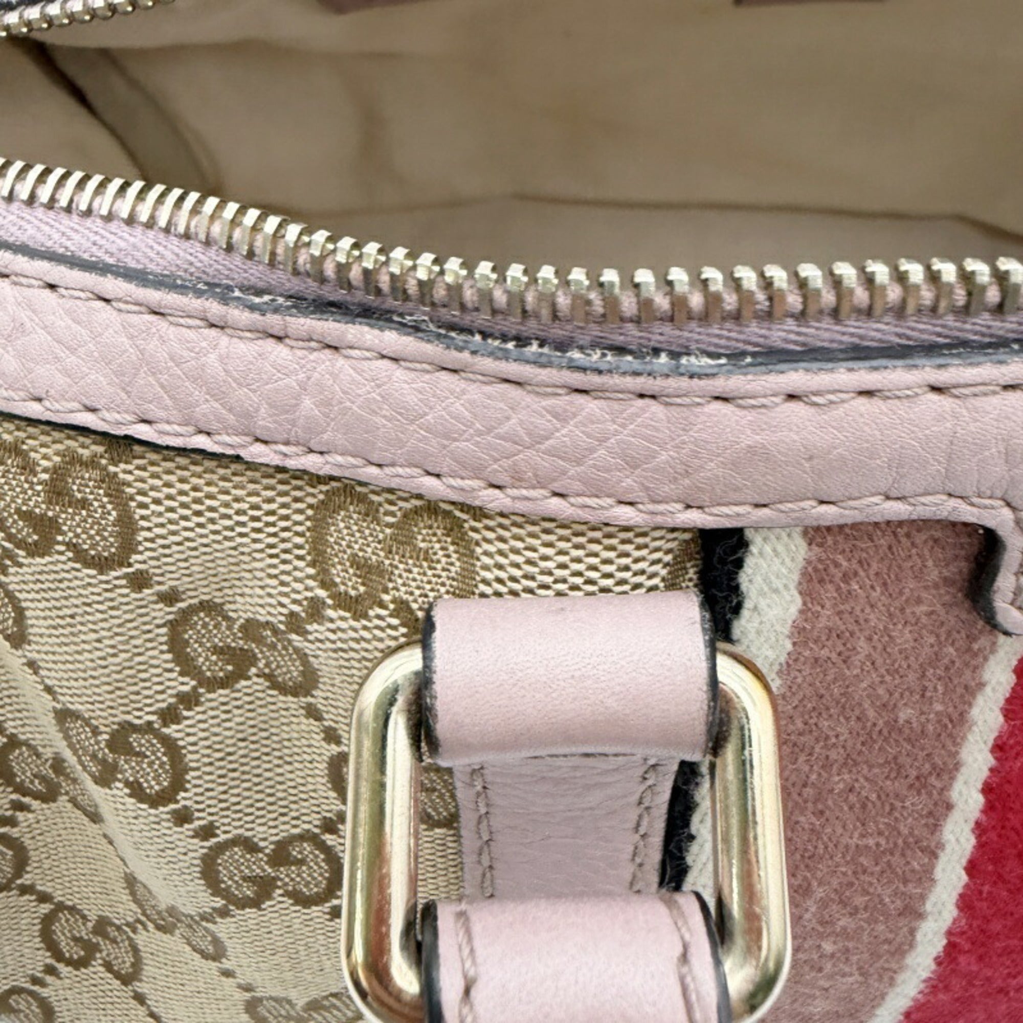 Gucci Sherry Line Beige Pink Canvas Leather Boston Bag (Pre-Owned)
