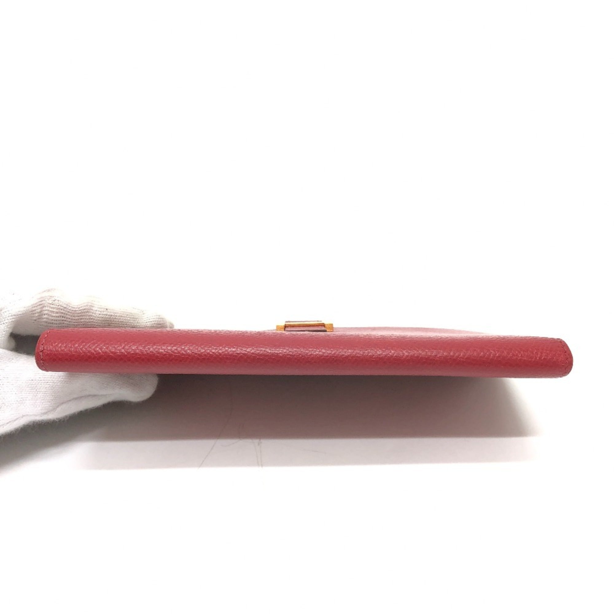 Hermes Red Color Courchevel Leather Long Wallet (Bi-Fold) (Pre-Owned)