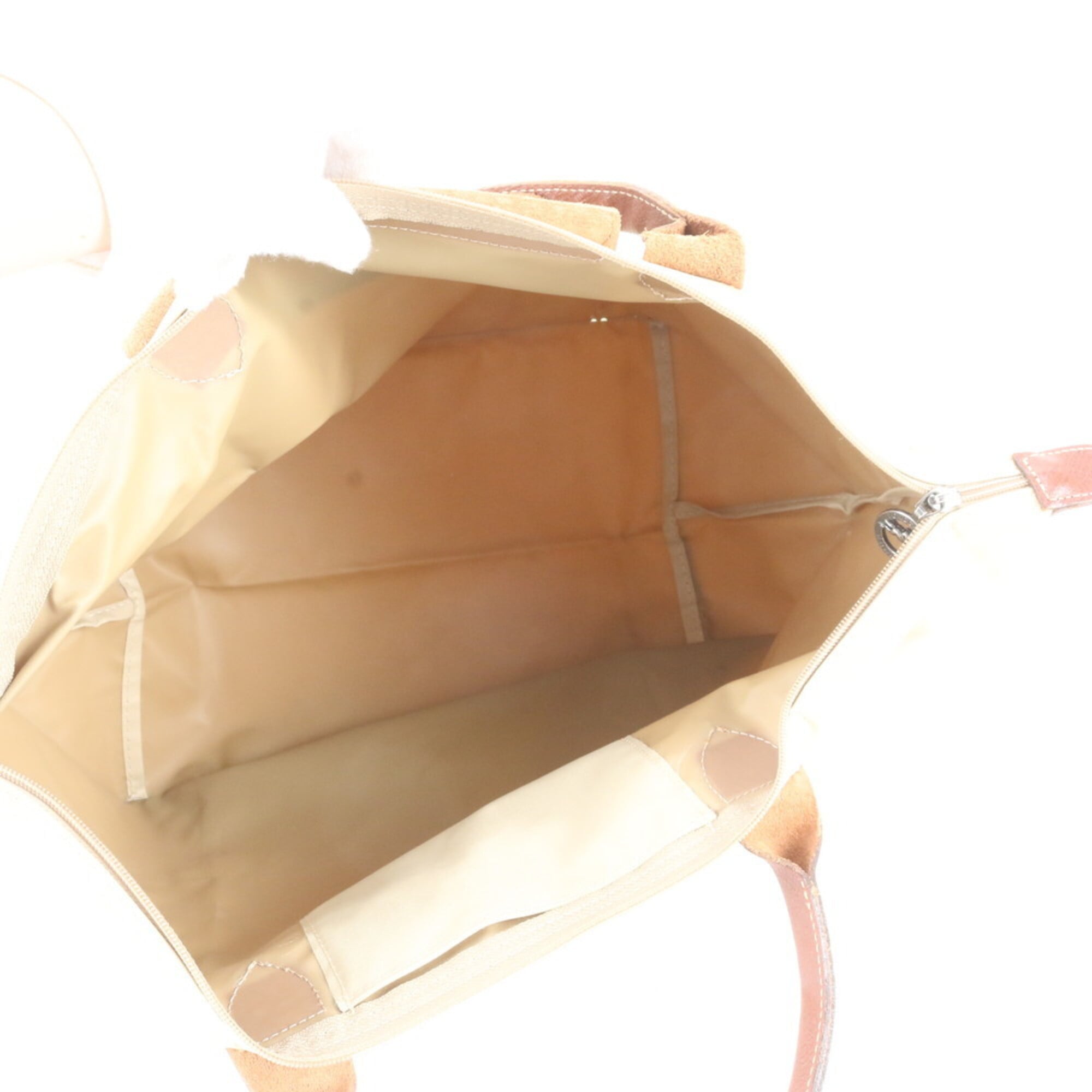 Longchamp Beige Brown Leather Nylon Handbag Shoulder Bag Tote Bag (Pre-Owned)