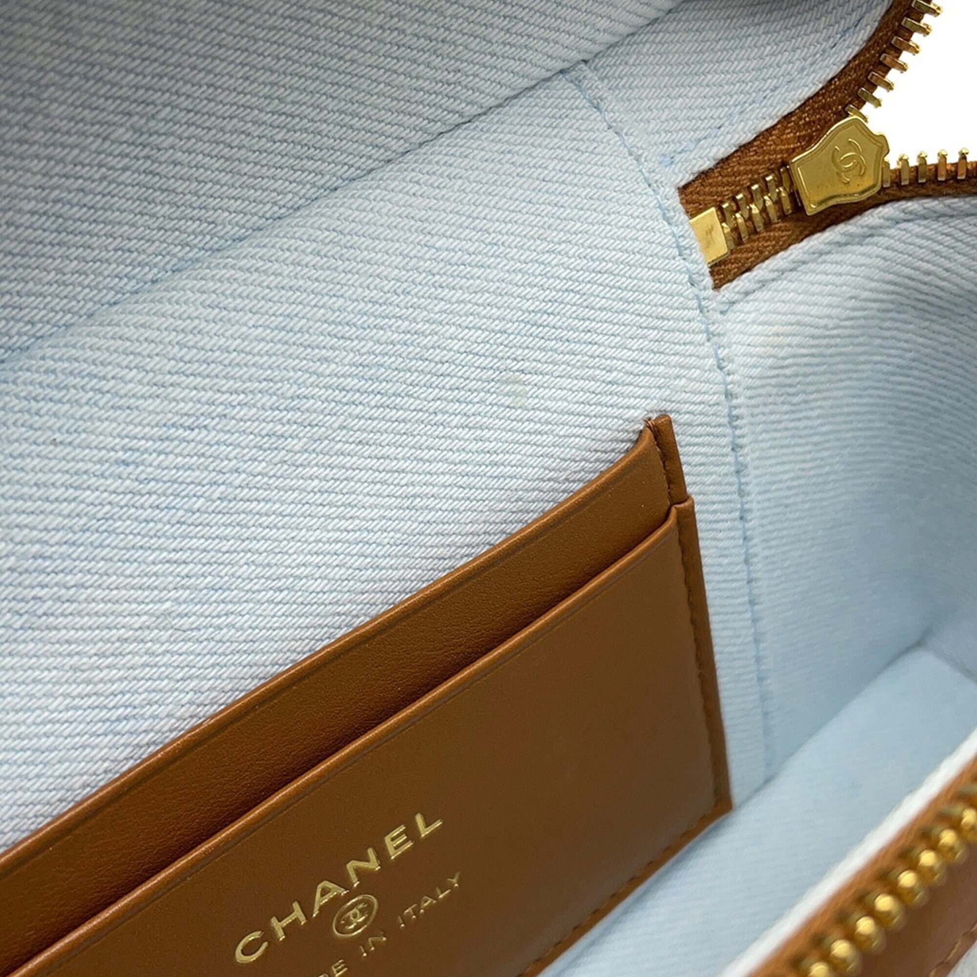 Chanel Brown Light Blue Denim Leather Shoulder Bag Vanity Bag (Pre-Owned)