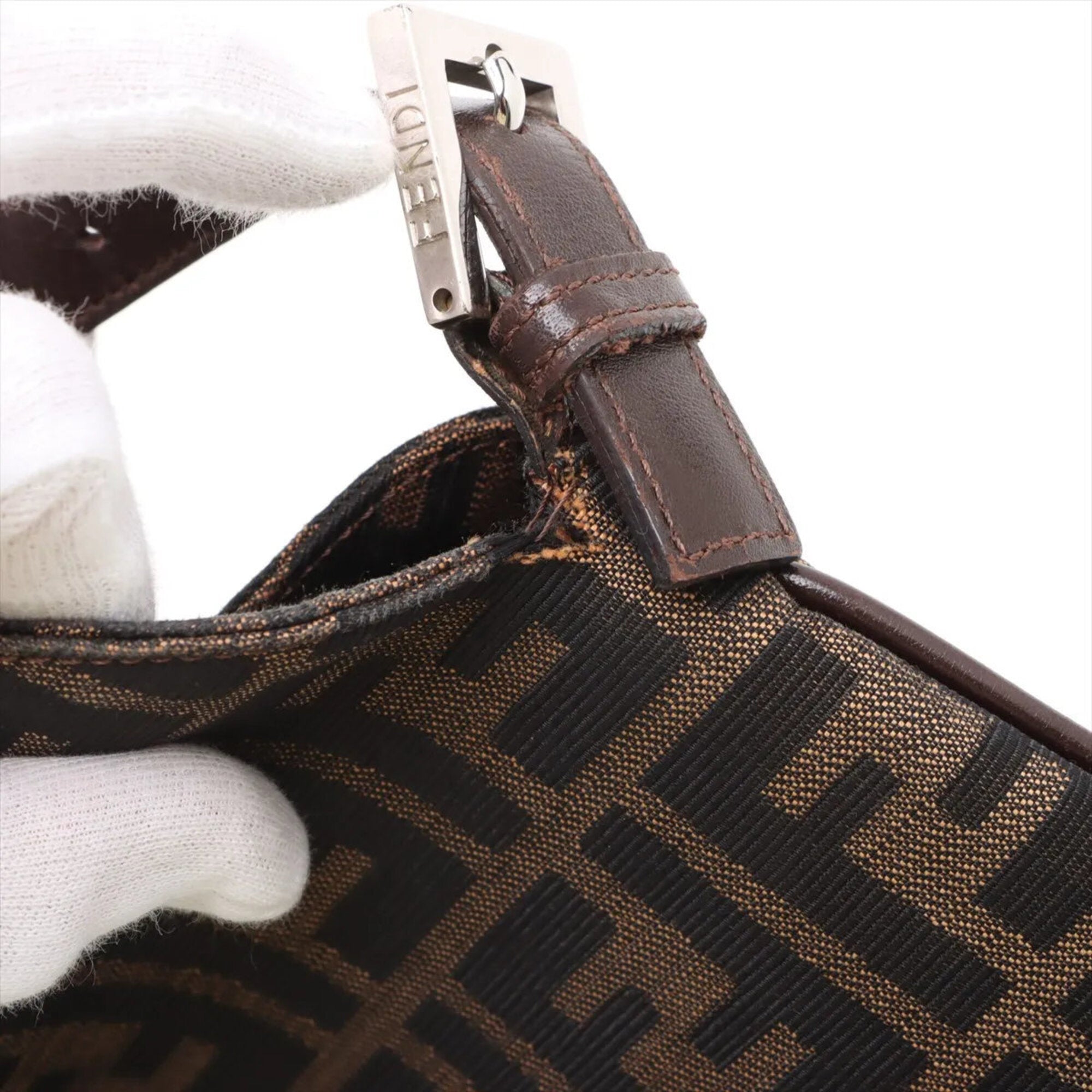 Fendi Brown Leather Canvas Handbag Shoulder Bag (Pre-Owned)