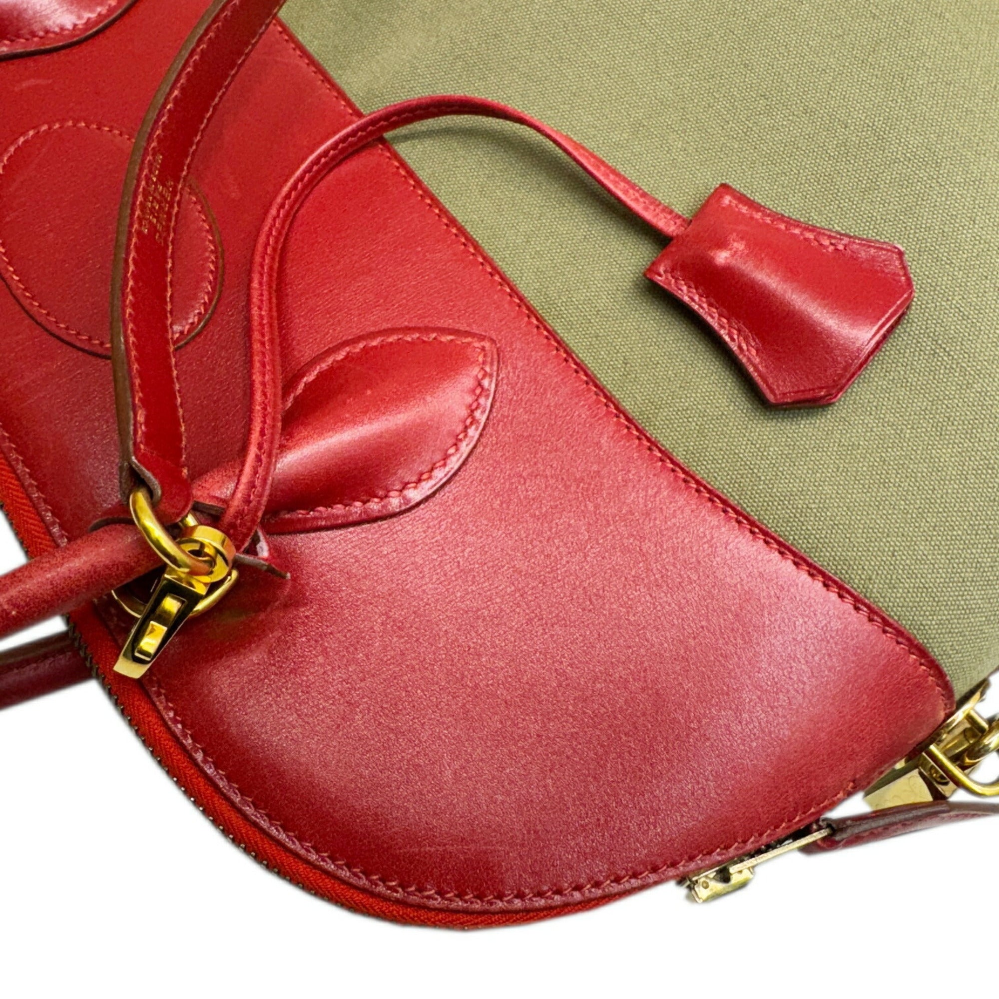 Hermes Khaki Rouge Garance Toile Officier Box Calf Leather Handbag Shoulder Bag (Pre-Owned)