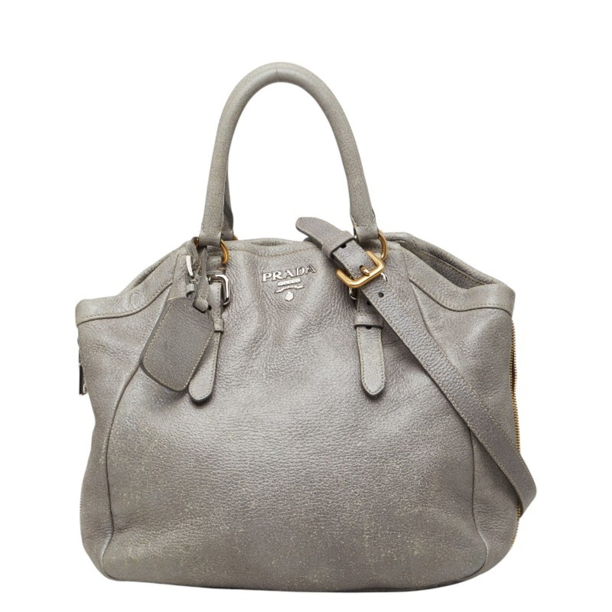 Prada Silver Gray Leather Shoulder Bag Tote Bag (Pre-Owned)