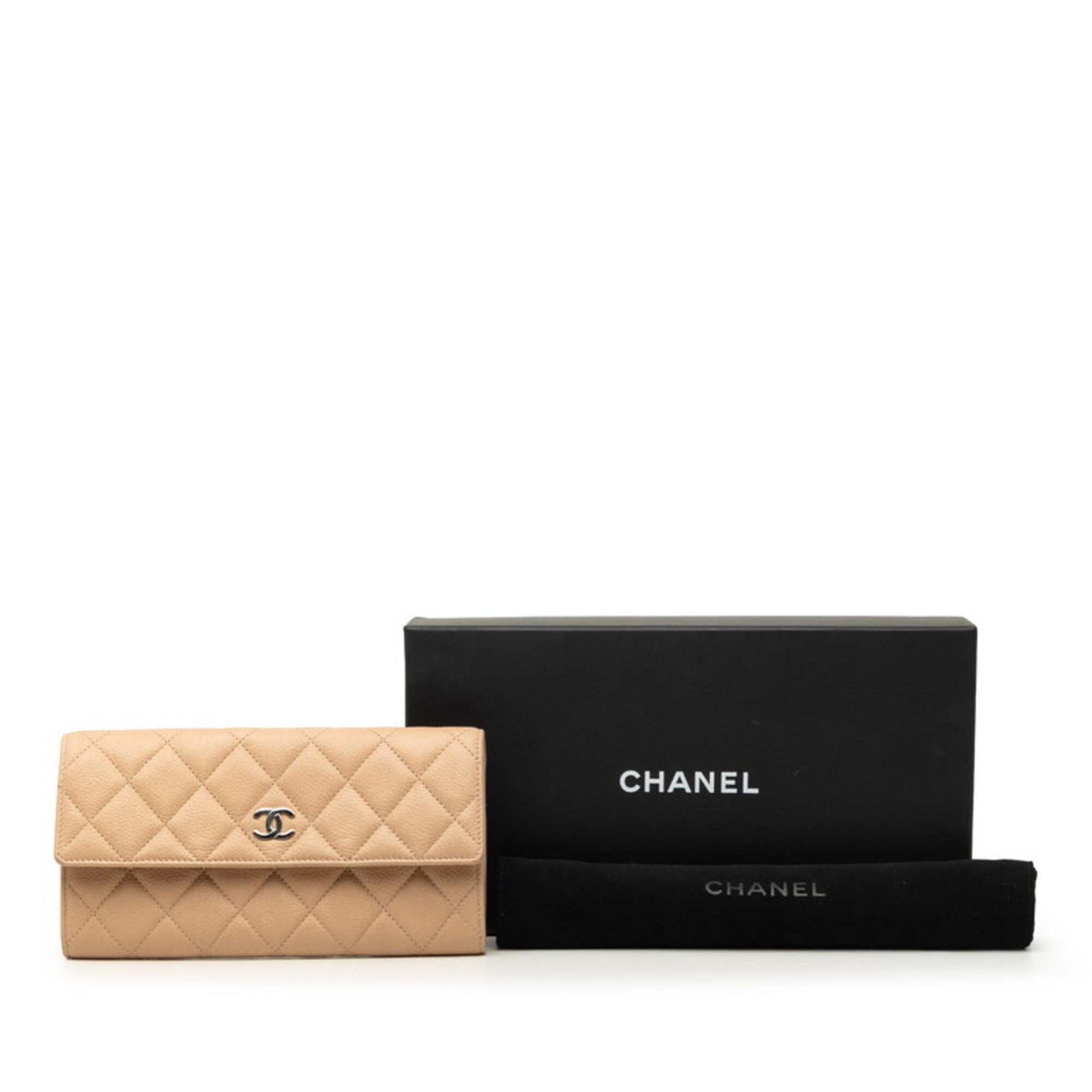 Chanel Beige Grained Calfskin Long Wallet (Bi-Fold) (Pre-Owned)