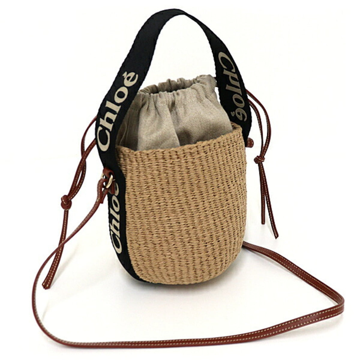 Chloé Beige Black Leather Linen Paper Polyester Basket Shoulder Bag (Pre-Owned)