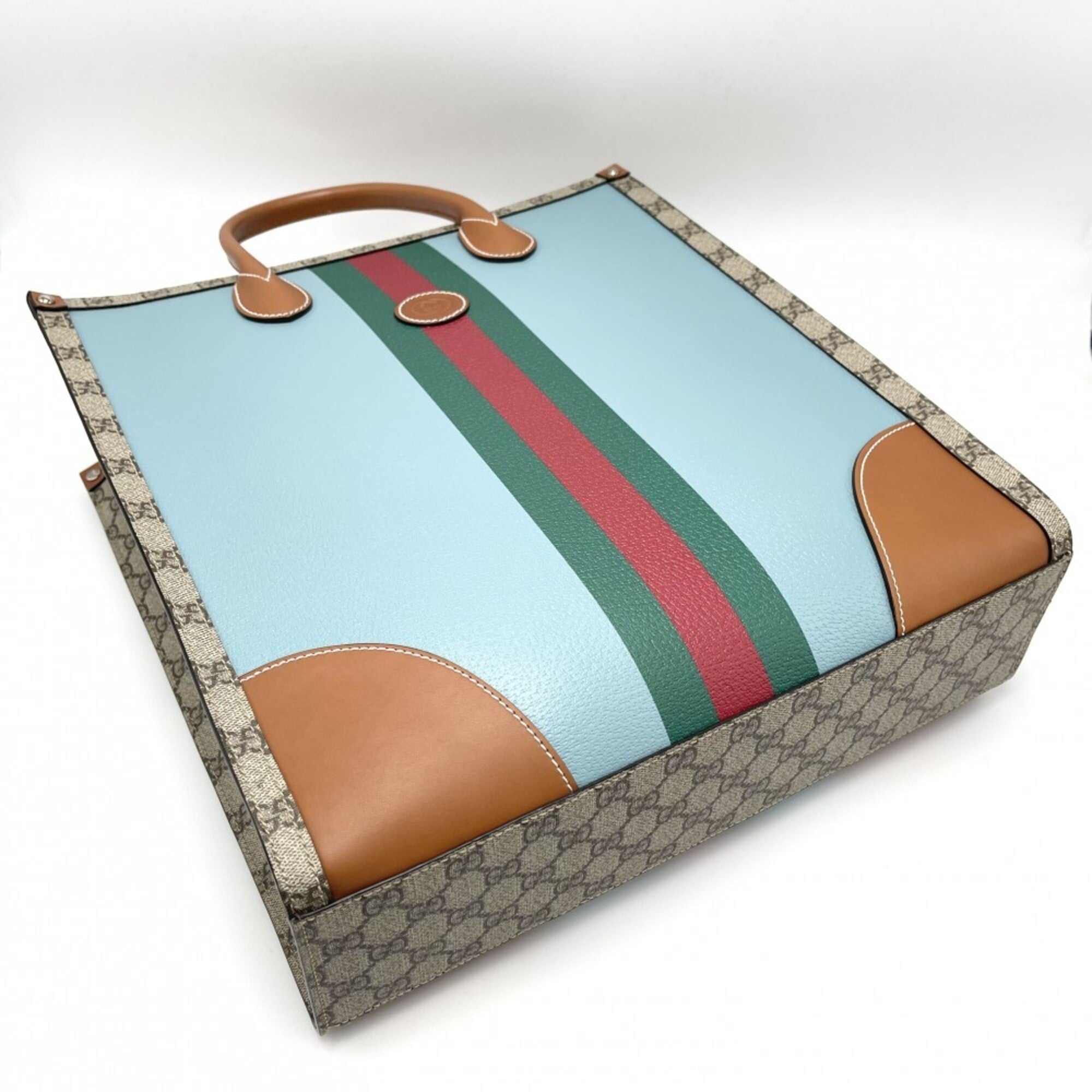 Gucci Beige Blue Pvc Coated Canvas Leather Handbag Shoulder Bag Tote Bag (Pre-Owned)
